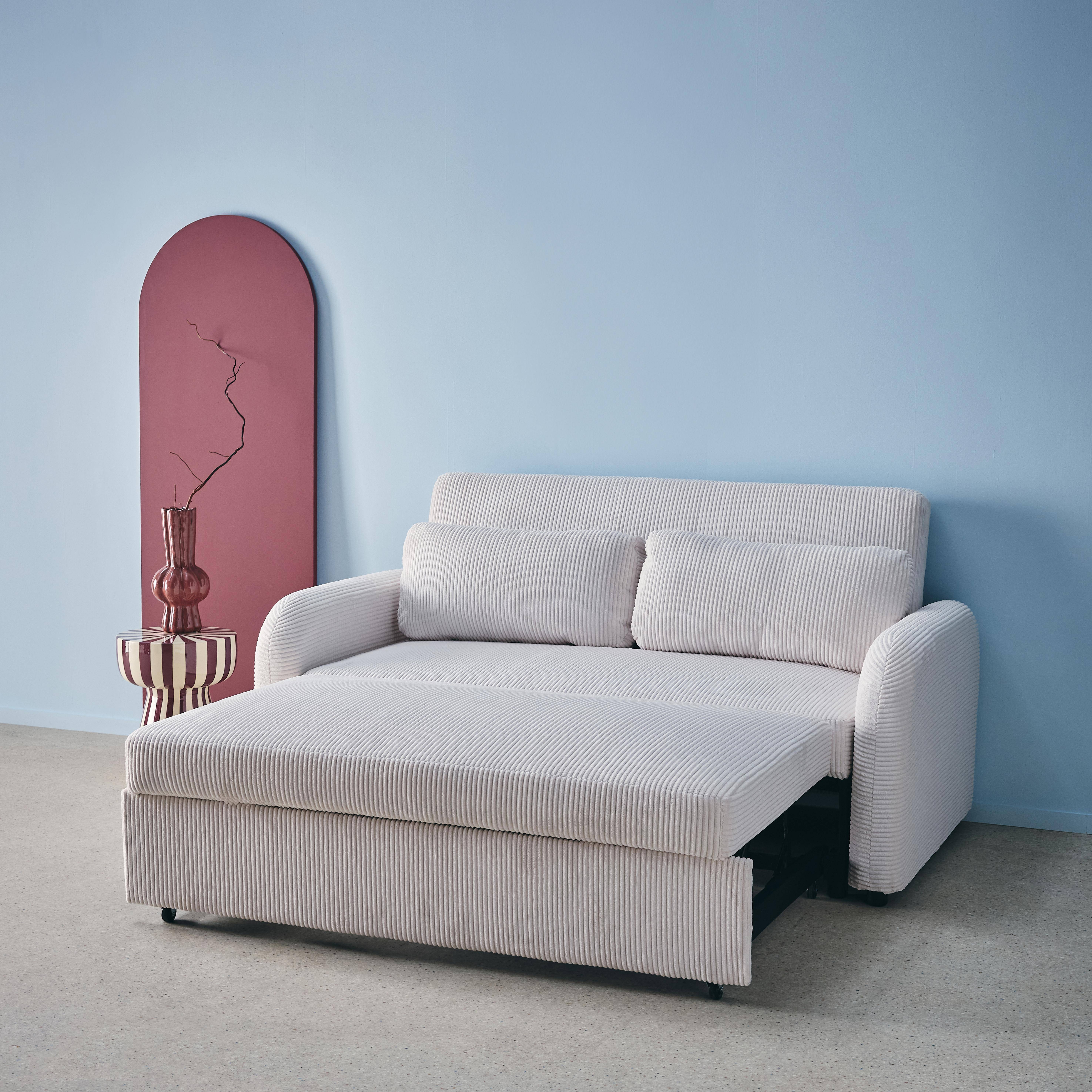 Rozkładana kanapa zaokrąglona dwuosobowa, z białego sztruksu, dł. 168 x gł. 90 x wys. 88 cm – Lino  Photo4