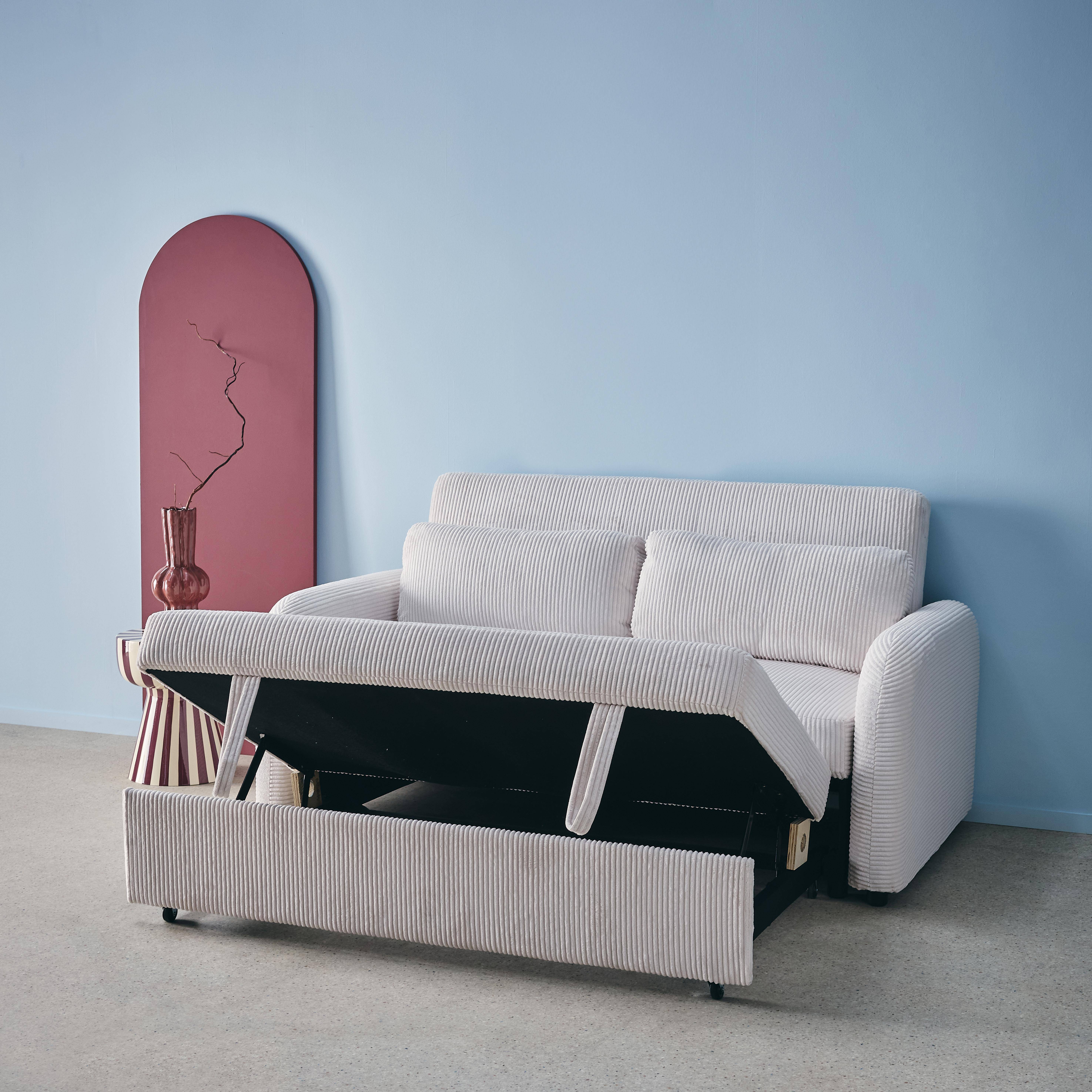 Rozkładana kanapa zaokrąglona dwuosobowa, z białego sztruksu, dł. 168 x gł. 90 x wys. 88 cm – Lino  Photo3