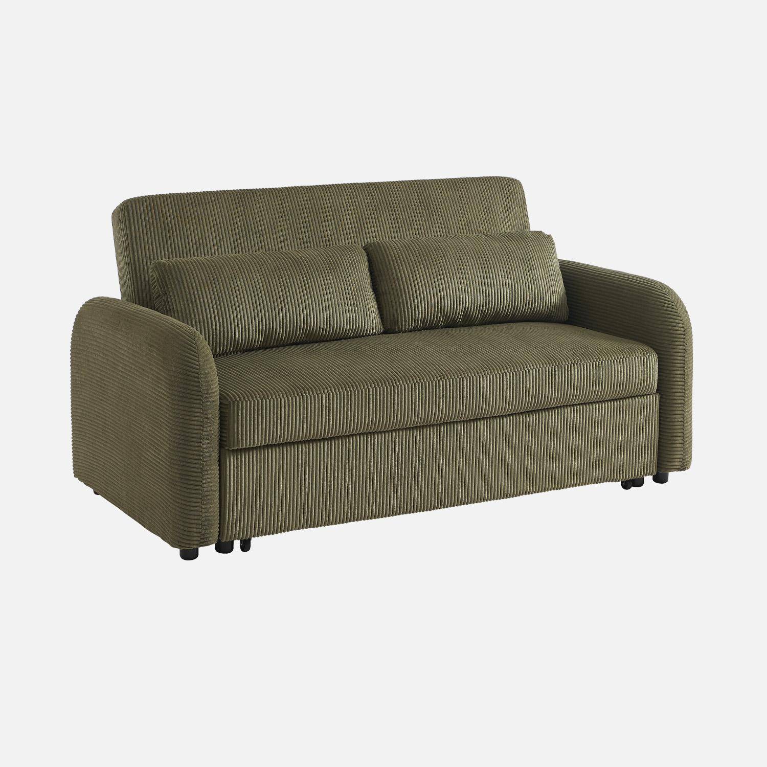 Canapé convertible arrondi 2 places velours côtelé kaki L 168 x P 90 x H 88cm - Lino ,sweeek,Photo1
