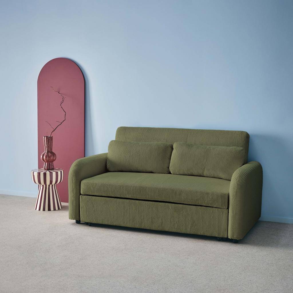 Rozkładana kanapa zaokrąglona dwuosobowa, z sztruksu w kolorze khaki, dł. 168 x gł. 90 x wys. 88 cm – Lino ,sweeek,Photo2