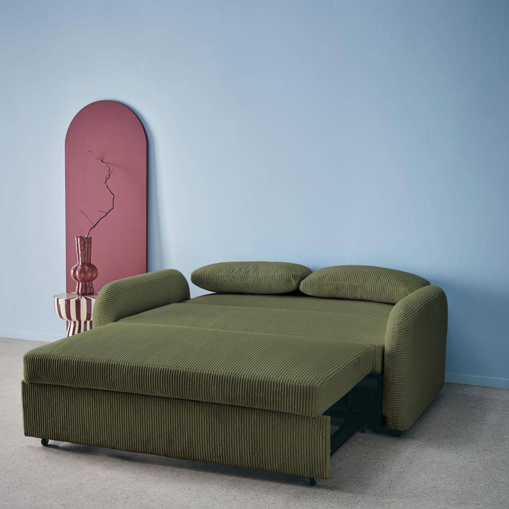 Rozkładana kanapa zaokrąglona dwuosobowa, z sztruksu w kolorze khaki, dł. 168 x gł. 90 x wys. 88 cm – Lino ,sweeek,Photo5