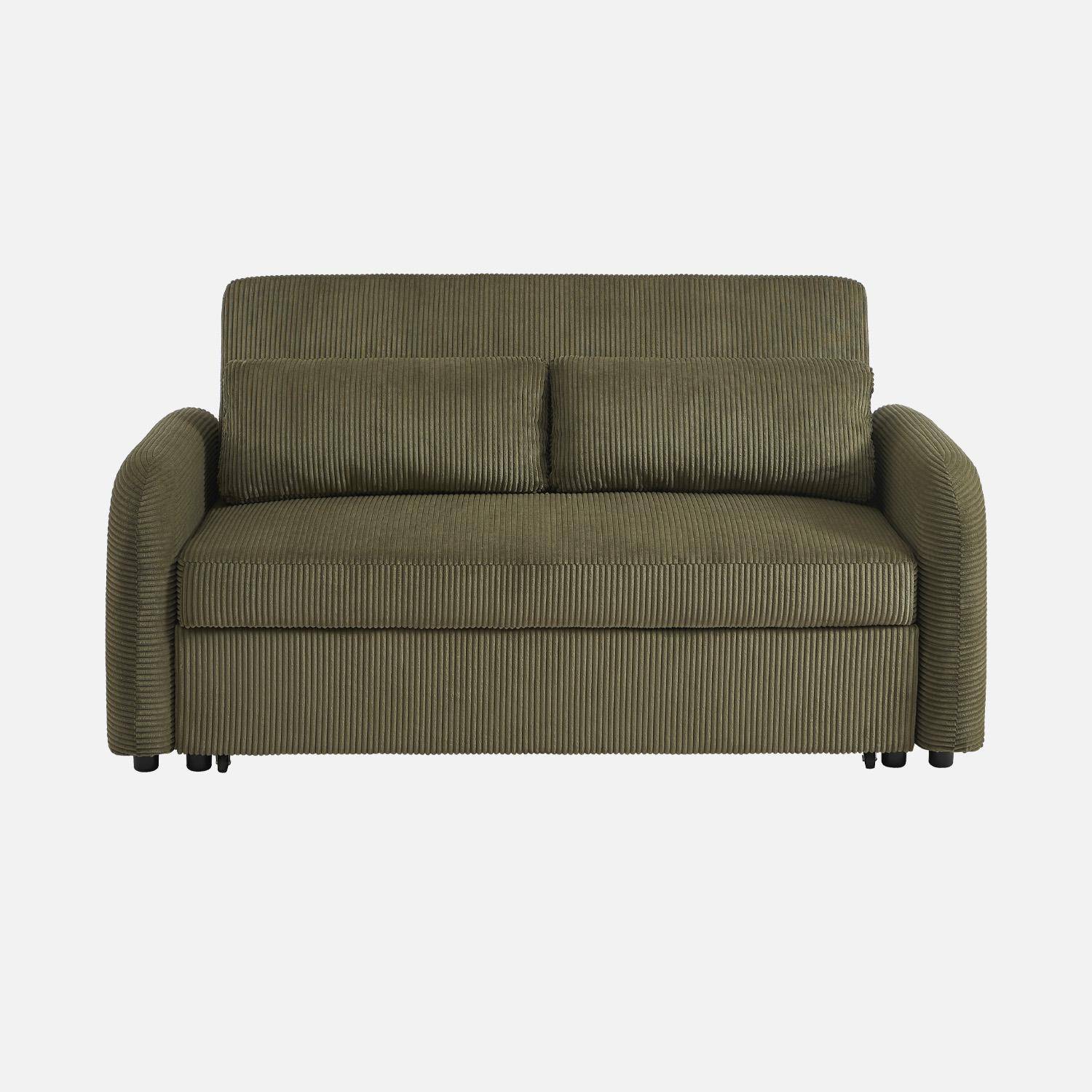 Canapé convertible arrondi 2 places velours côtelé kaki L 168 x P 90 x H 88cm - Lino  Photo2