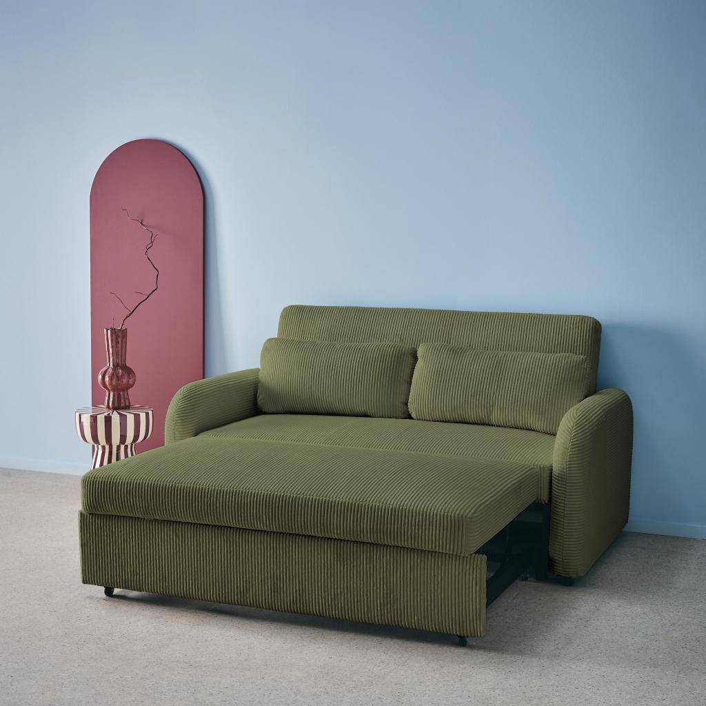 Rozkładana kanapa zaokrąglona dwuosobowa, z sztruksu w kolorze khaki, dł. 168 x gł. 90 x wys. 88 cm – Lino ,sweeek,Photo4