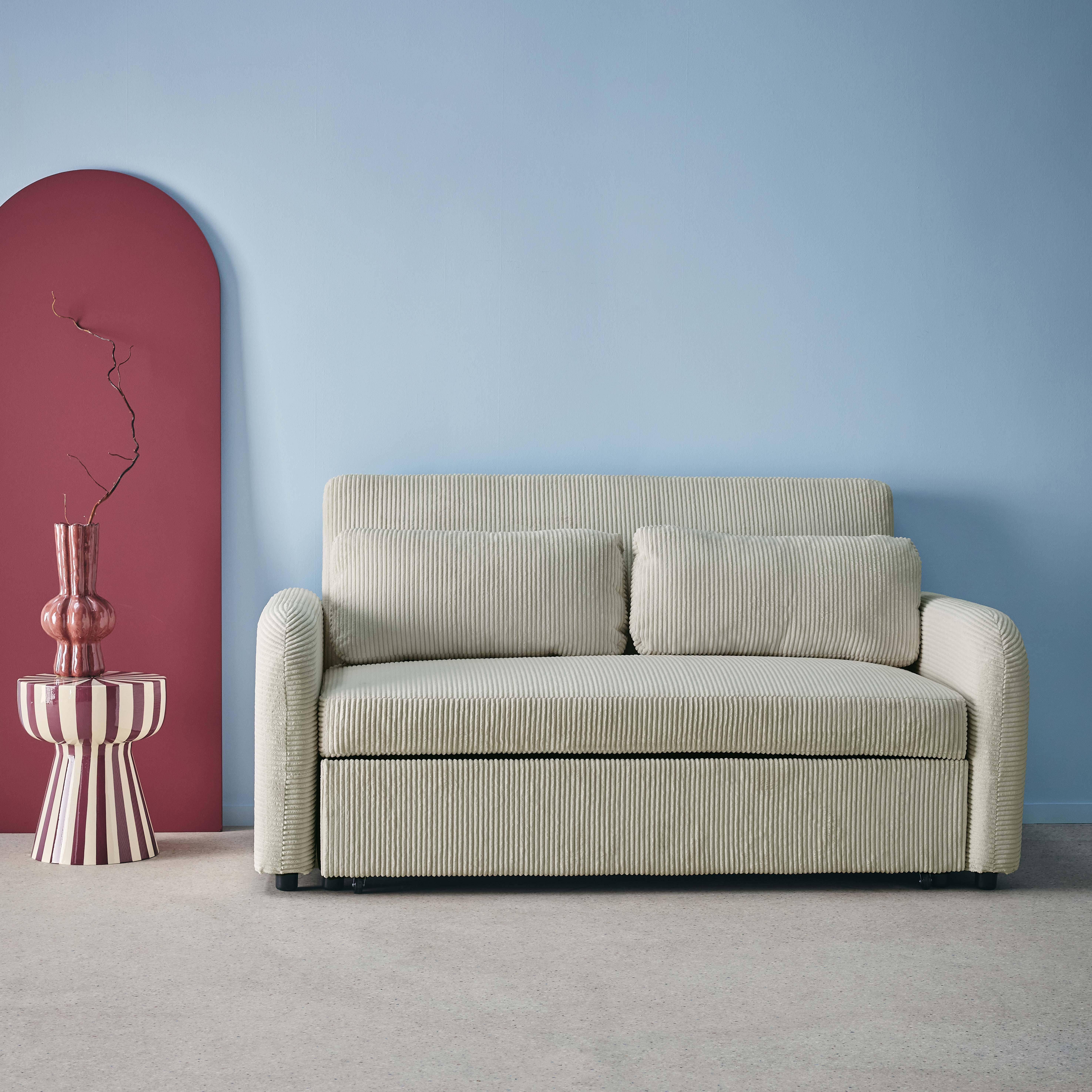 Afgeronde tweezits slaapbank in lichtgrijs ribfluweel L 168 x B 90 x H 88cm - Lino Photo1