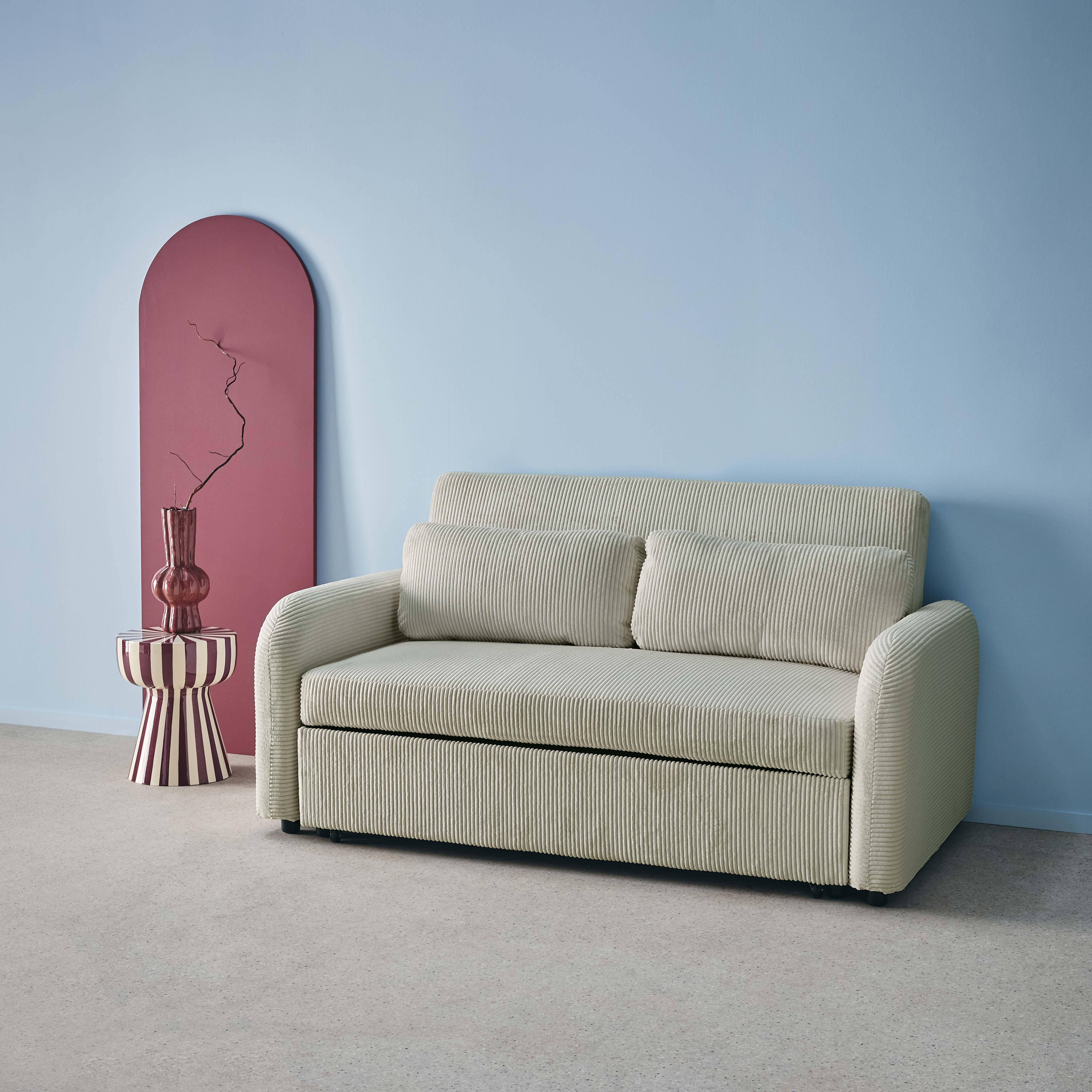 Afgeronde tweezits slaapbank in lichtgrijs ribfluweel L 168 x B 90 x H 88cm - Lino Photo2