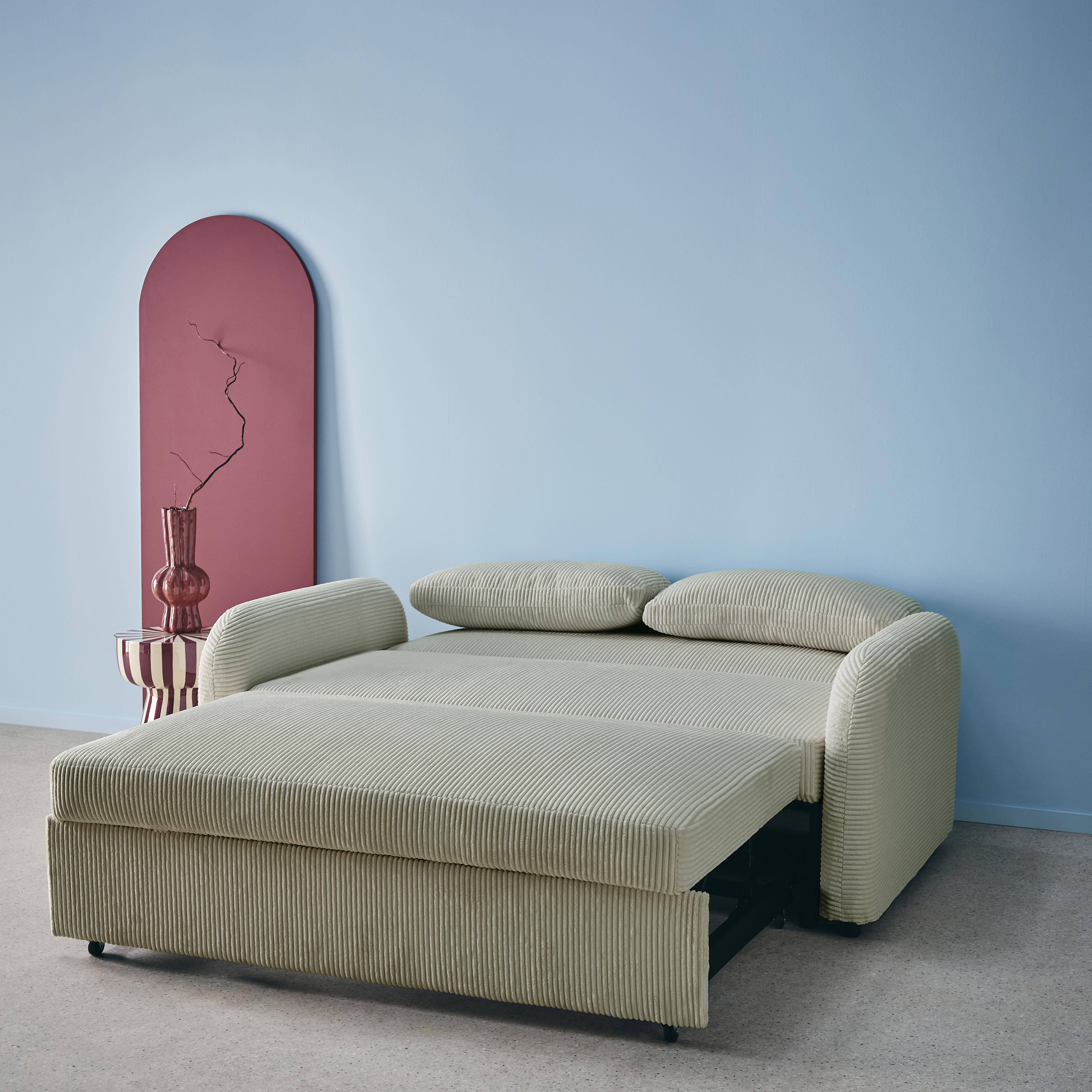Afgeronde tweezits slaapbank in lichtgrijs ribfluweel L 168 x B 90 x H 88cm - Lino Photo5