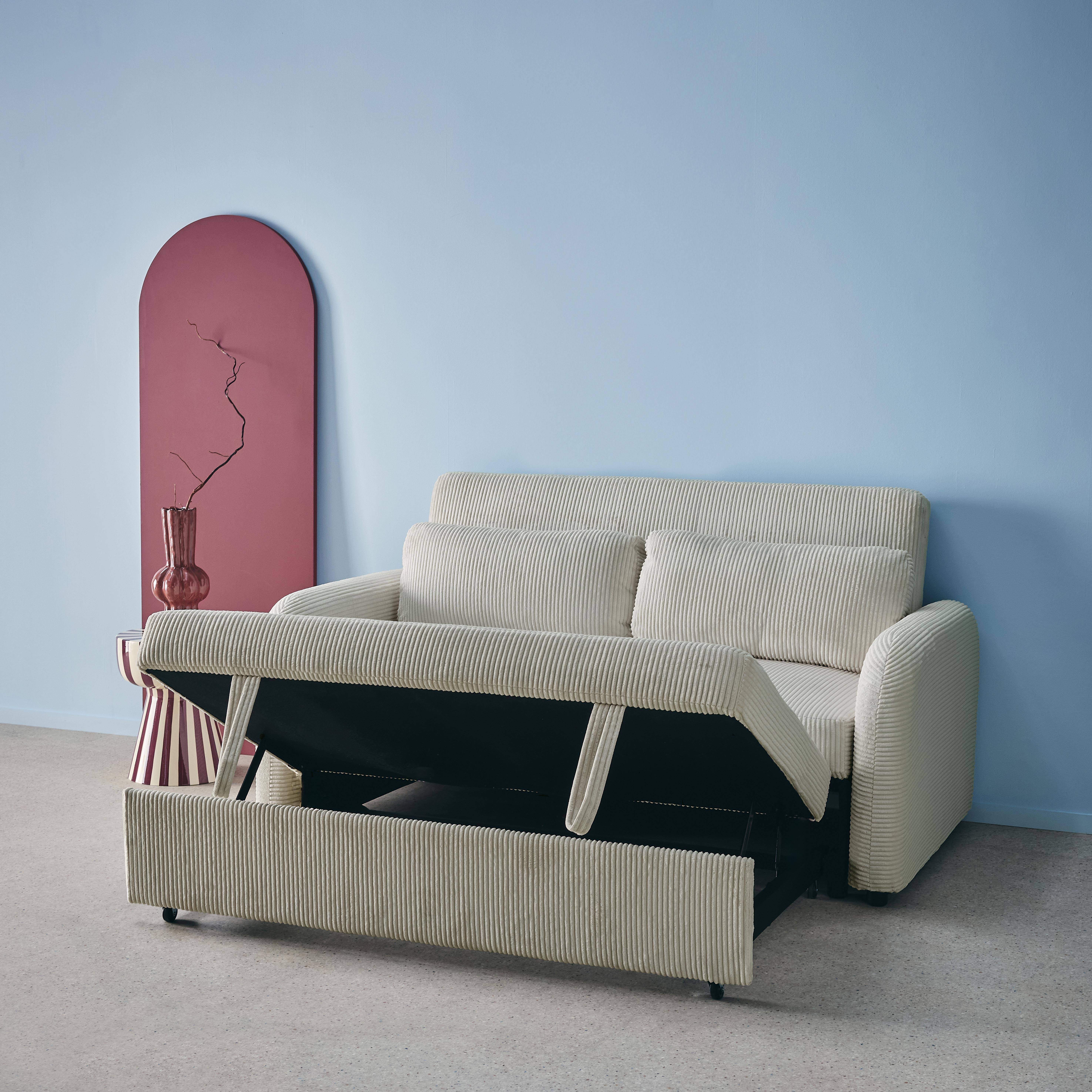 Afgeronde tweezits slaapbank in lichtgrijs ribfluweel L 168 x B 90 x H 88cm - Lino,sweeek,Photo3