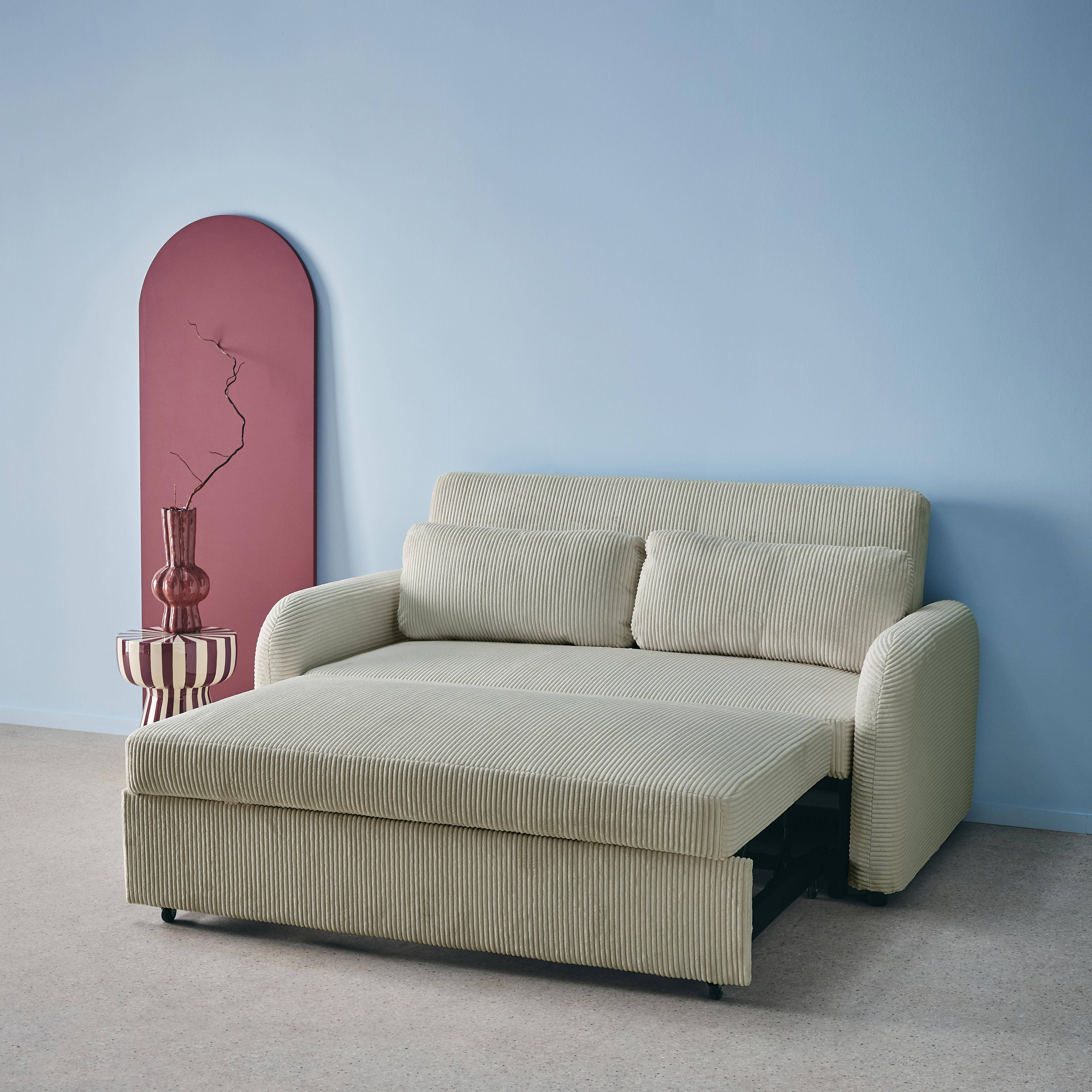 Afgeronde tweezits slaapbank in lichtgrijs ribfluweel L 168 x B 90 x H 88cm - Lino,sweeek,Photo4