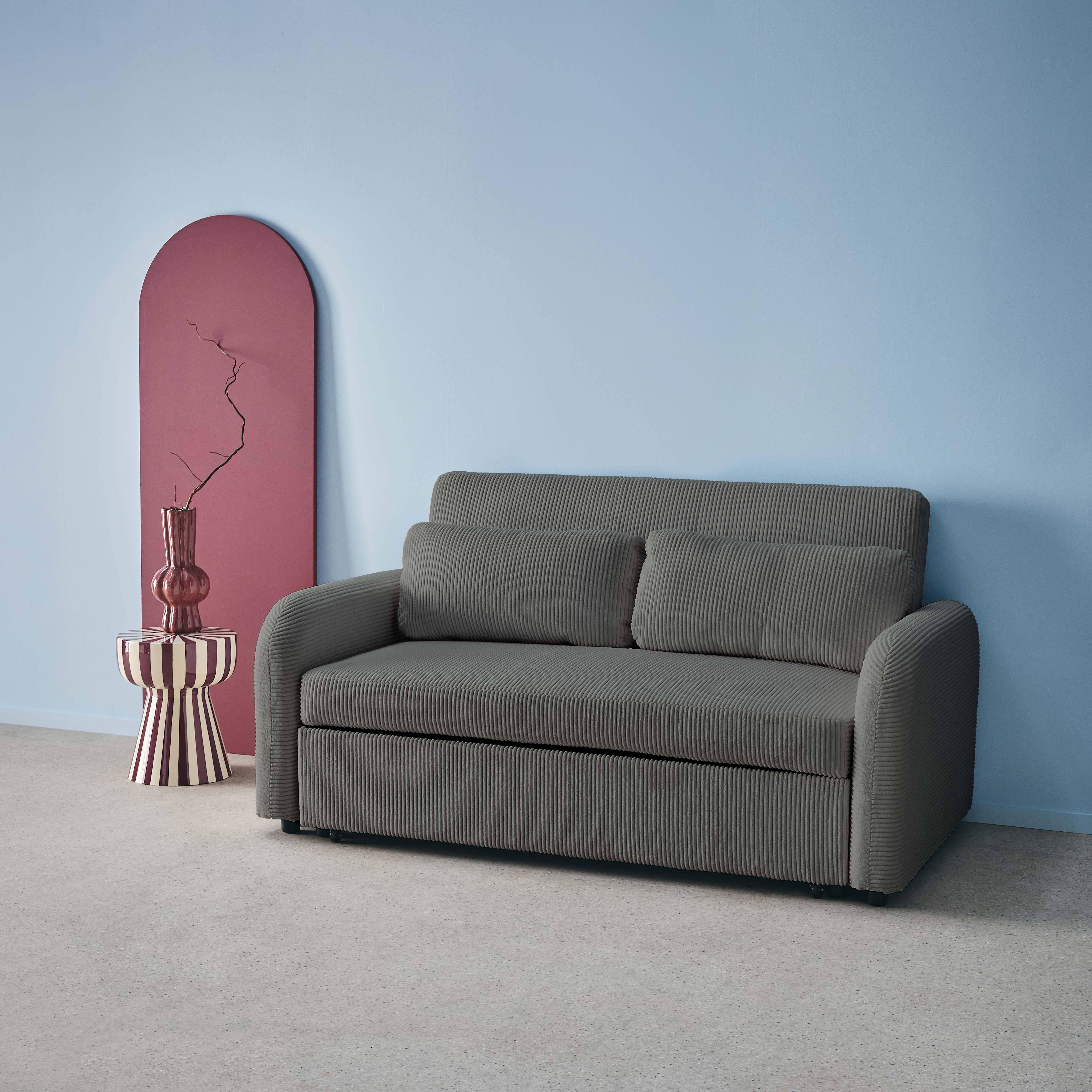 Afgeronde tweezits slaapbank in donkergrijze ribfluweel L 168 x B 90 x H 88 cm - Lino Photo2