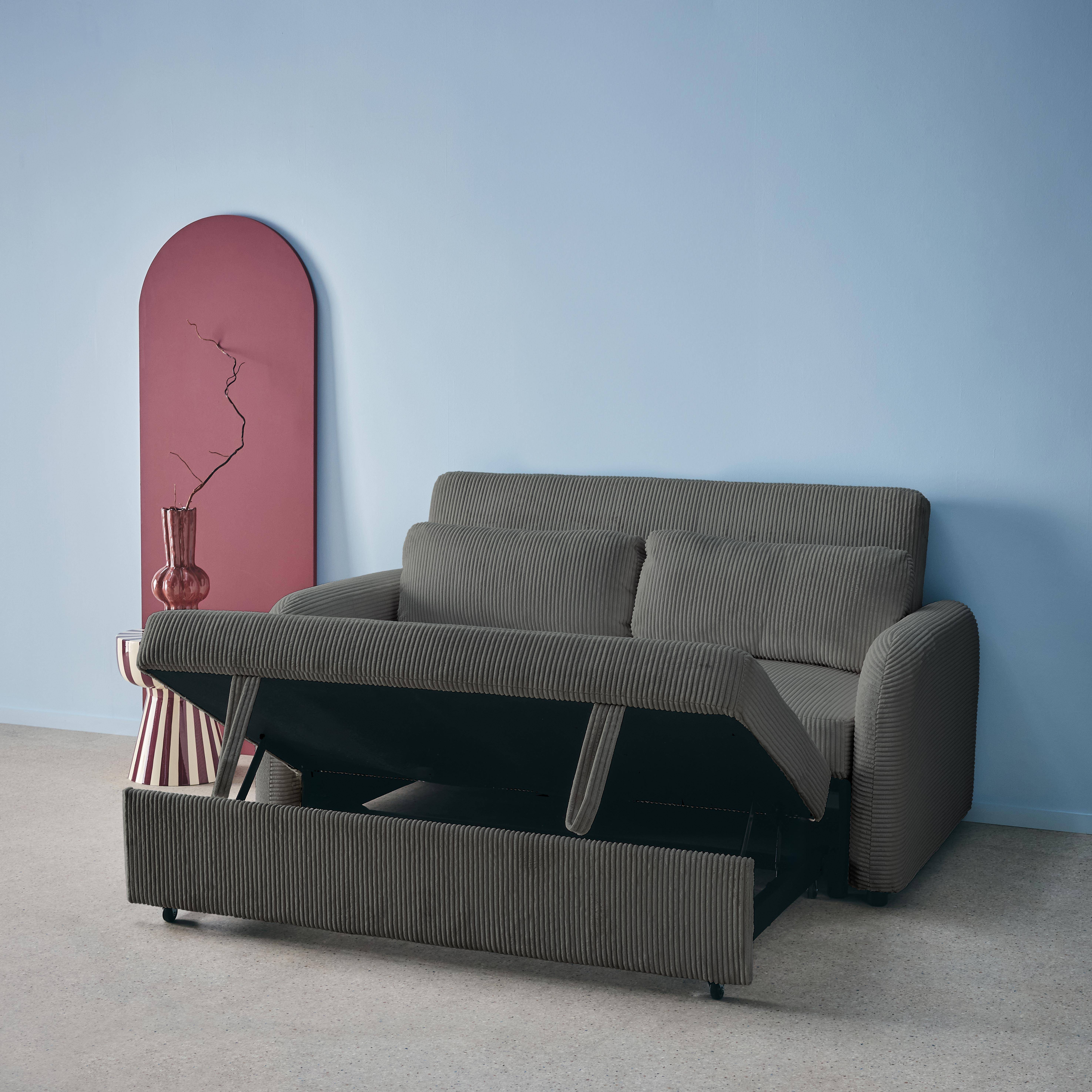 Afgeronde tweezits slaapbank in donkergrijze ribfluweel L 168 x B 90 x H 88 cm - Lino,sweeek,Photo3