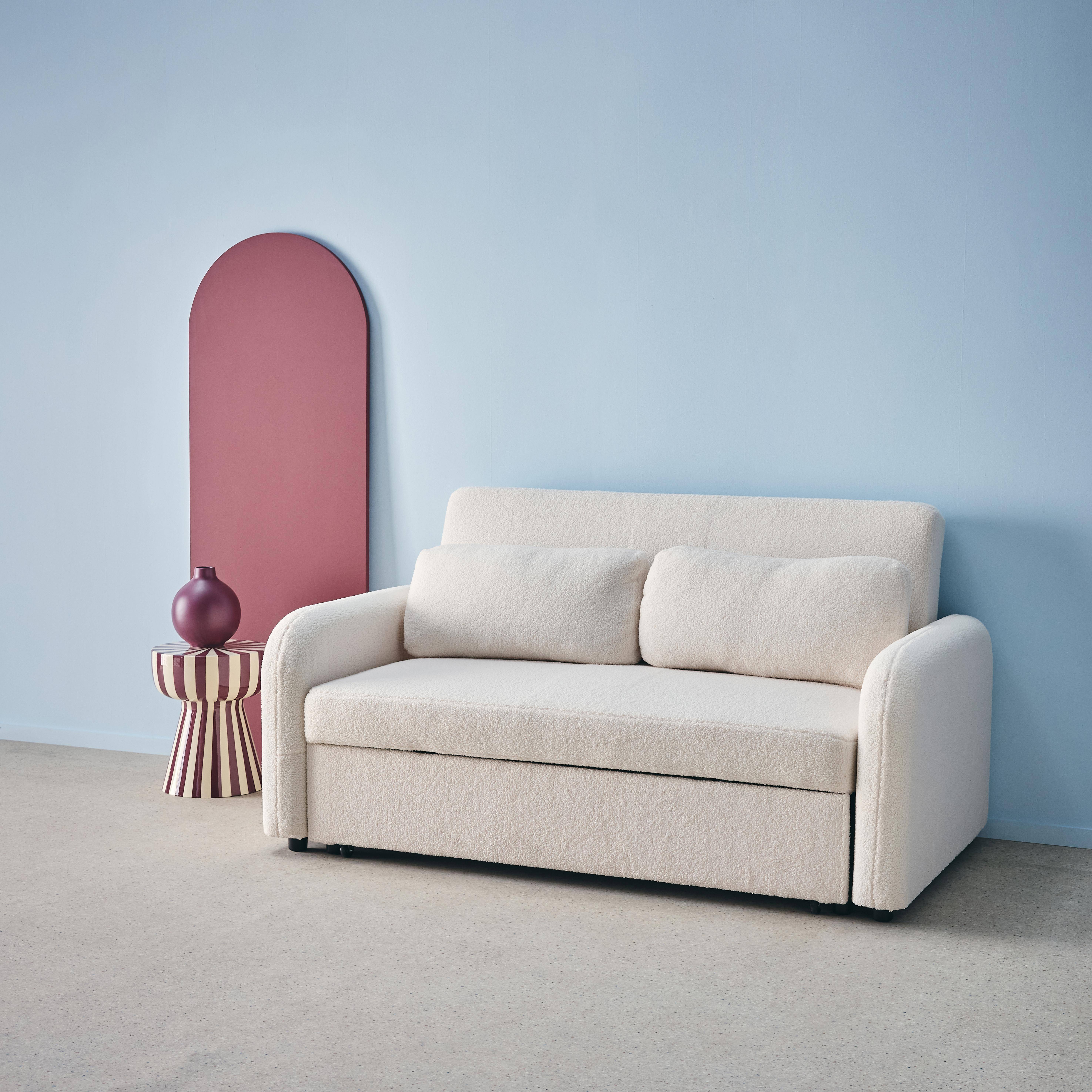 Kanapa rozkładana z zaokrąglonymi narożnikami, tkanina baranek, kremowa, 2 miejsca dł. 170 x gł. 90 x wys. 88 cm - Lino Photo2