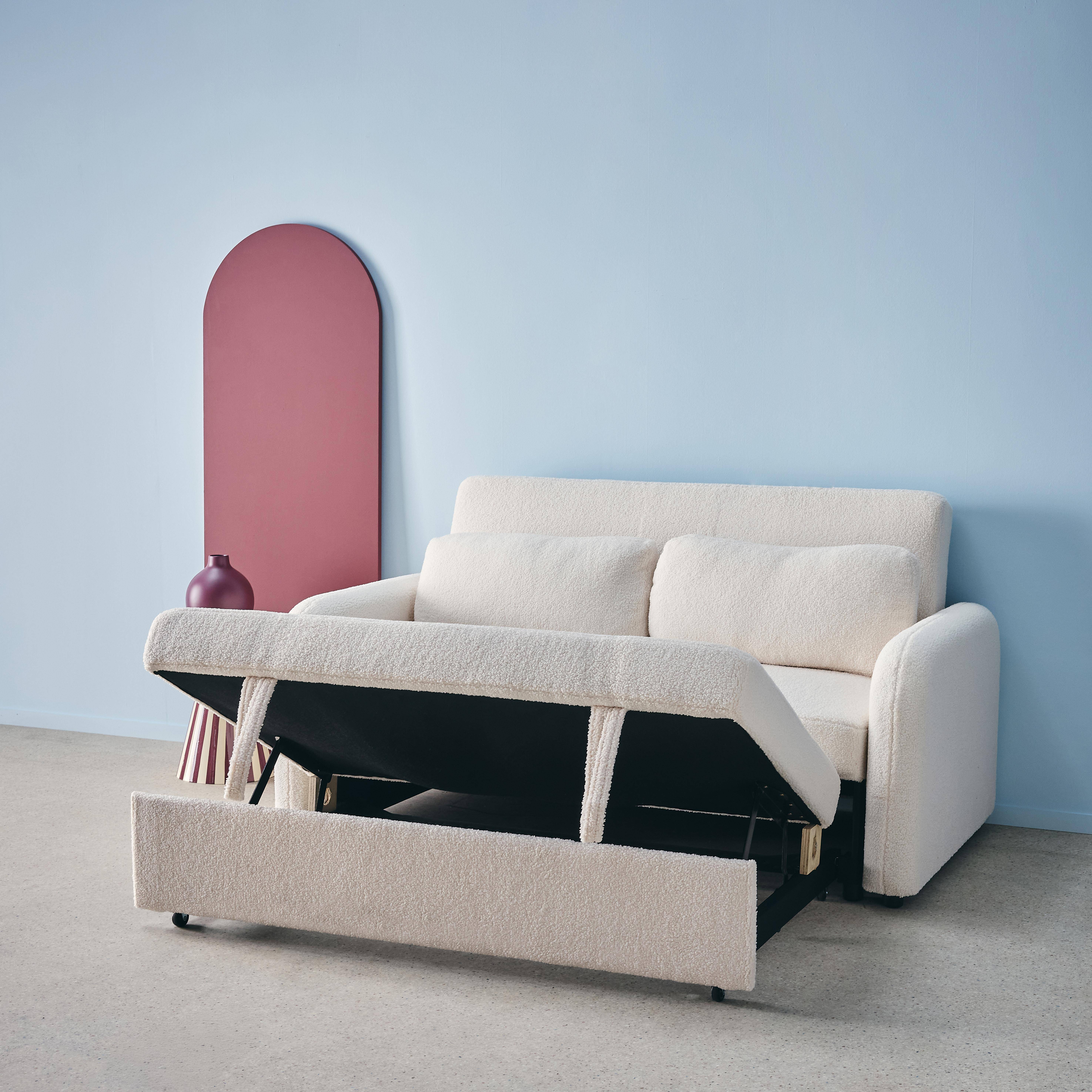 Kanapa rozkładana z zaokrąglonymi narożnikami, tkanina baranek, kremowa, 2 miejsca dł. 170 x gł. 90 x wys. 88 cm - Lino,sweeek,Photo4