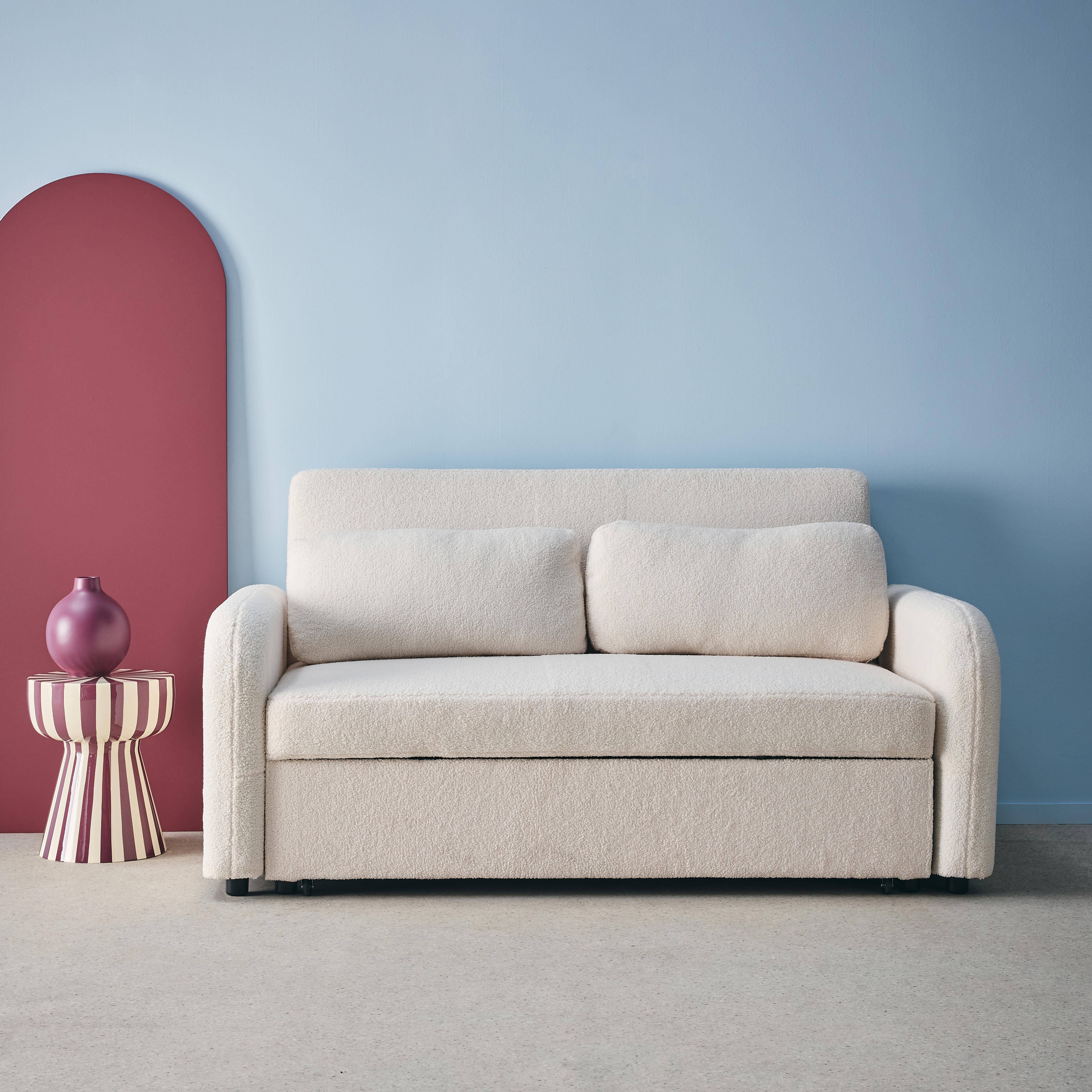 Kanapa rozkładana z zaokrąglonymi narożnikami, tkanina baranek, kremowa, 2 miejsca dł. 170 x gł. 90 x wys. 88 cm - Lino Photo1