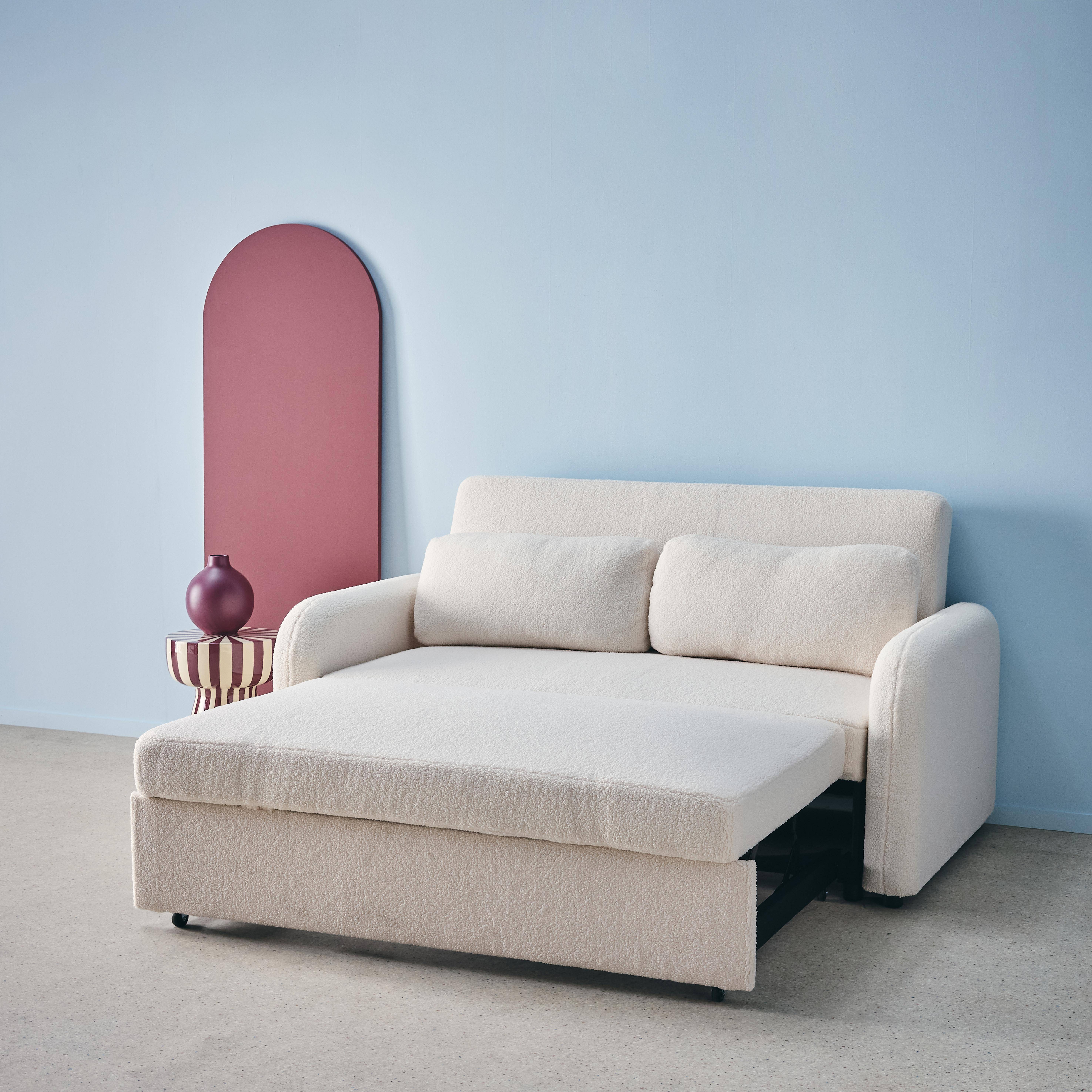 Kanapa rozkładana z zaokrąglonymi narożnikami, tkanina baranek, kremowa, 2 miejsca dł. 170 x gł. 90 x wys. 88 cm - Lino Photo5