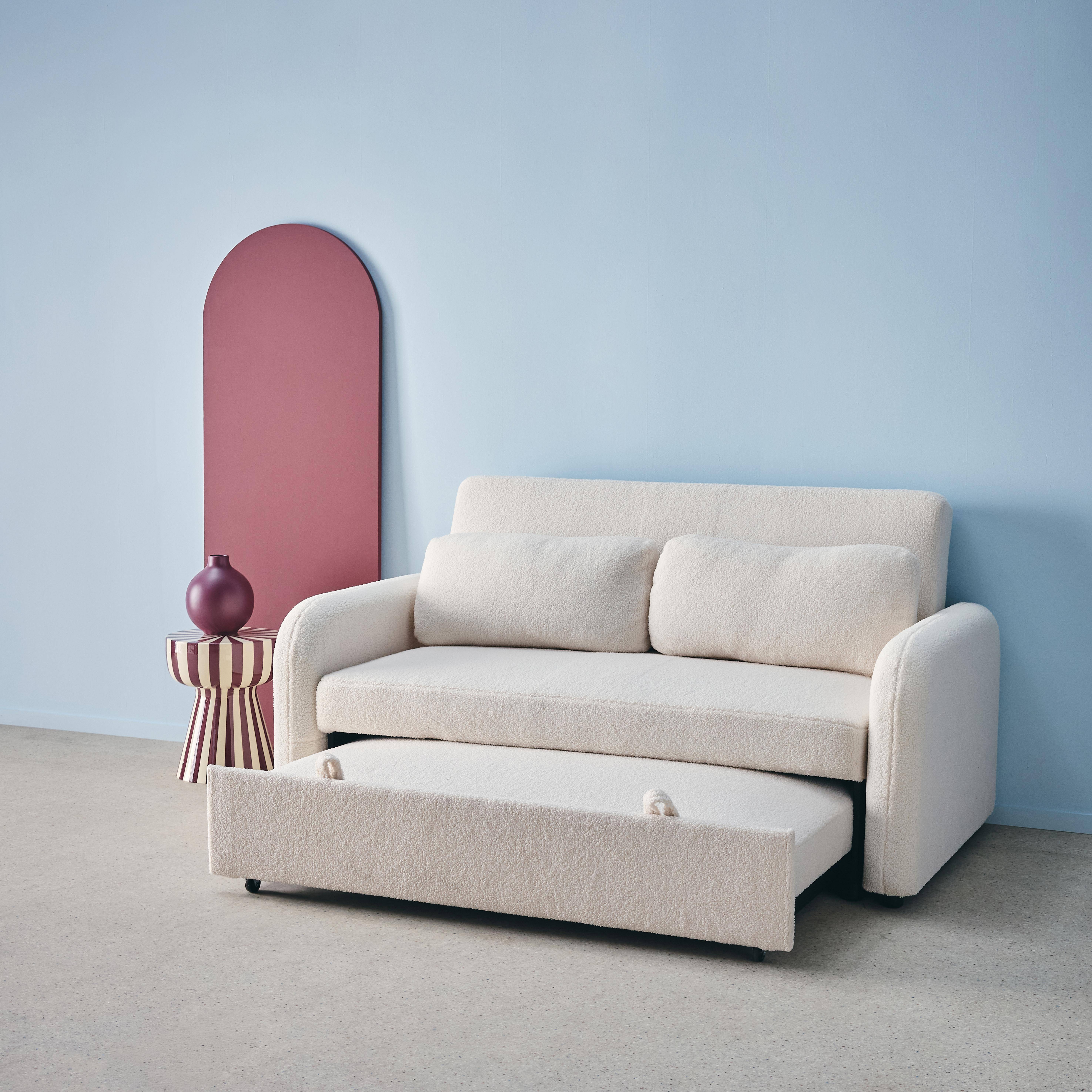 Kanapa rozkładana z zaokrąglonymi narożnikami, tkanina baranek, kremowa, 2 miejsca dł. 170 x gł. 90 x wys. 88 cm - Lino,sweeek,Photo3