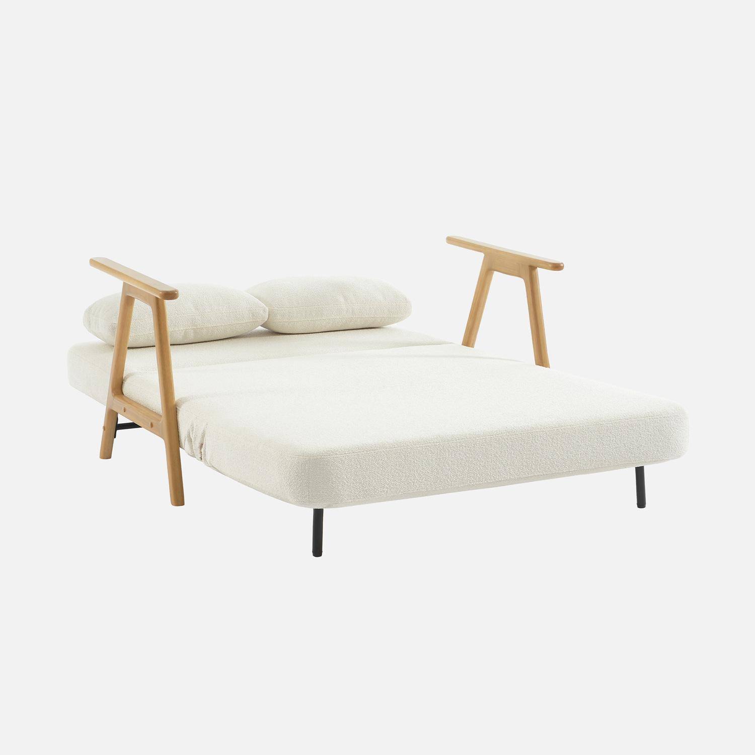 Banquette canapé convertible 2 places bois d'hévéa et bouclette texturée crème L 133 x P 81 x 84cm - Sven Photo4