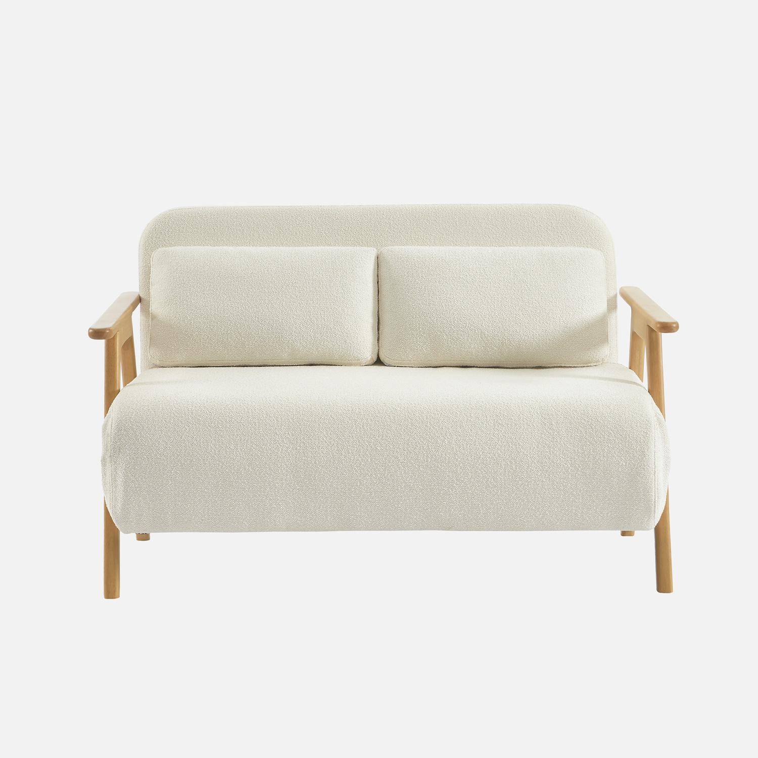 Banquette canapé convertible 2 places bois d'hévéa et bouclette texturée crème L 133 x P 81 x 84cm - Sven Photo2