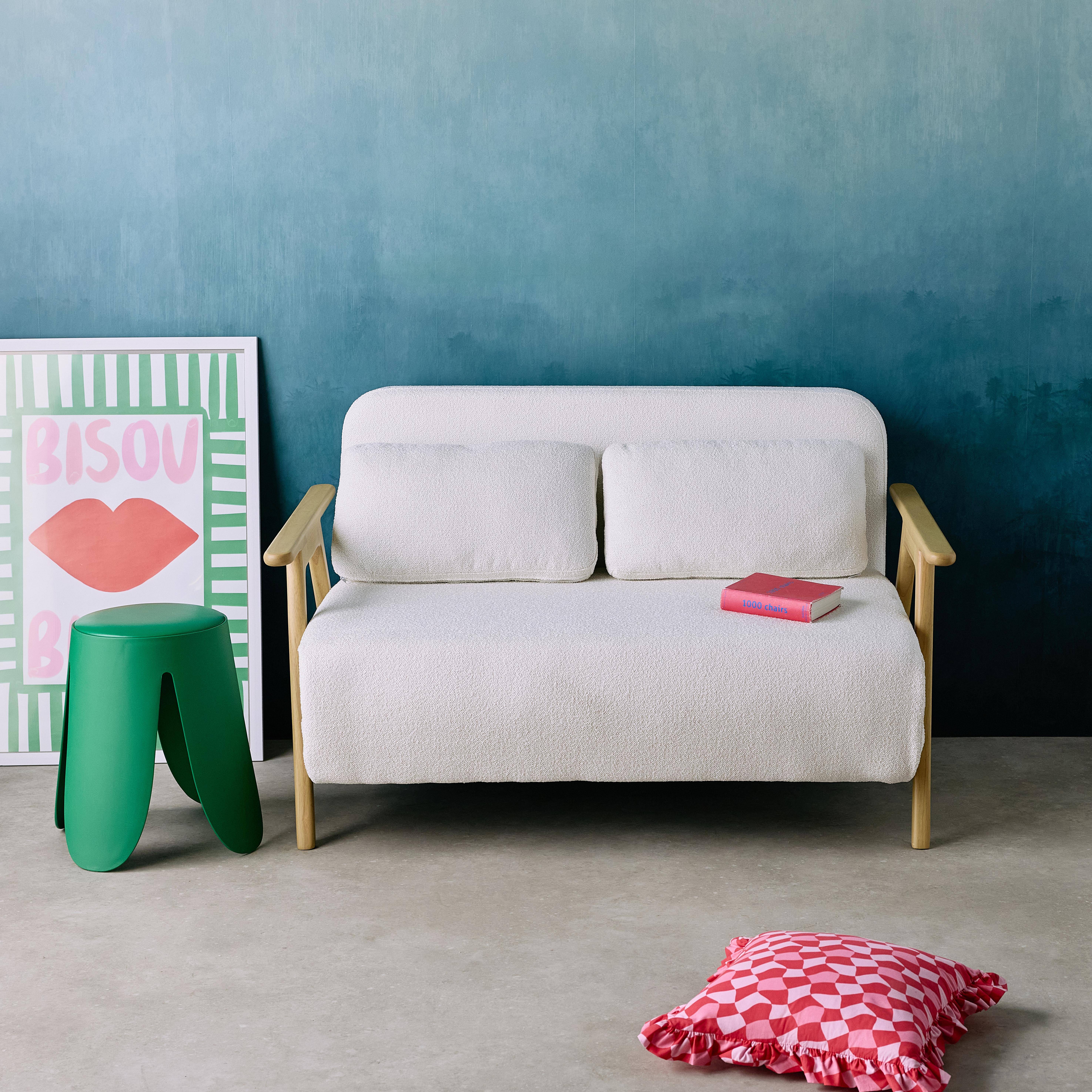 Divano letto convertibile posti in legno di hevea e boucle