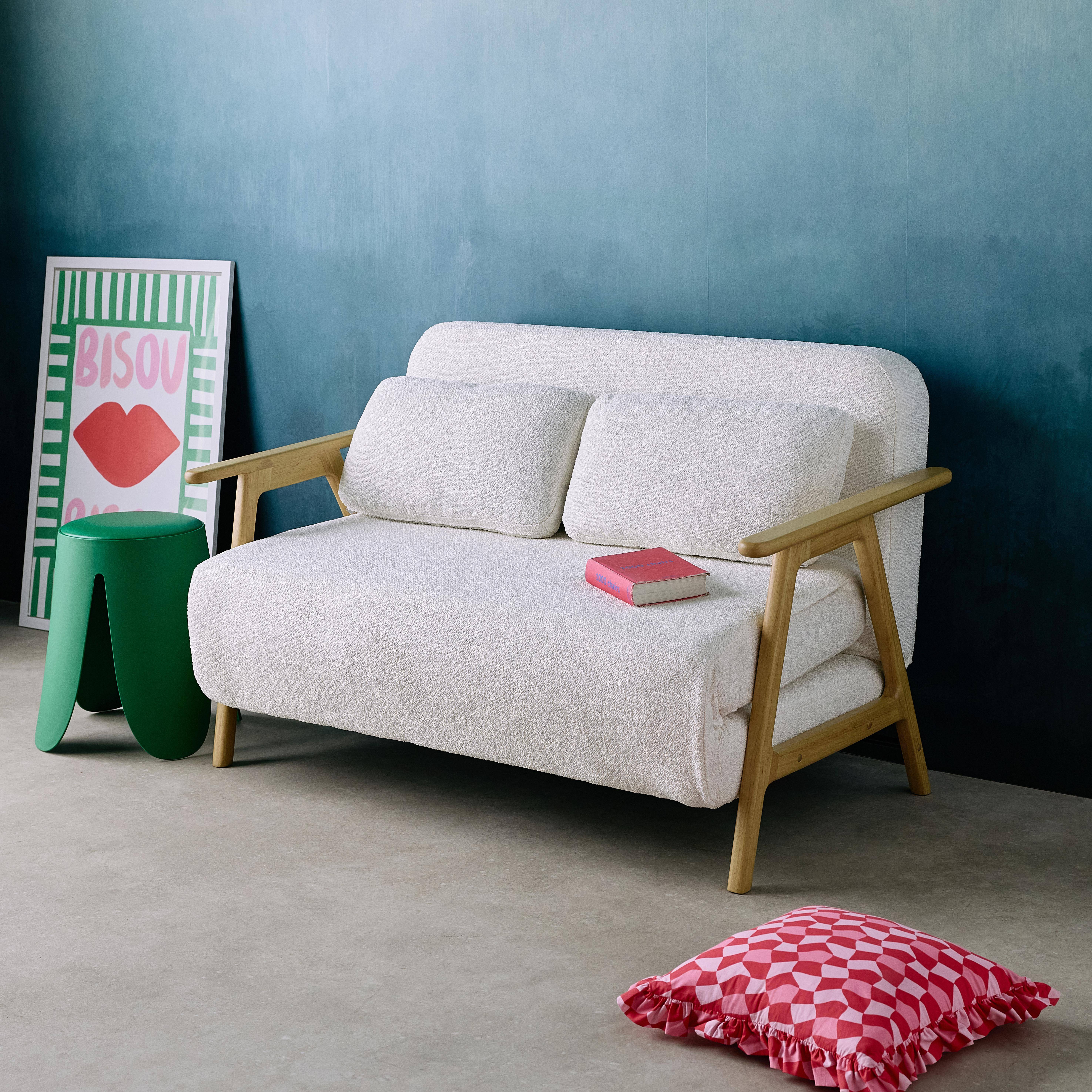 Sofá cama convertible en borreguito y madera ,  2 plazas, Sven, Crema, 133x81x84 cm,sweeek,Photo2