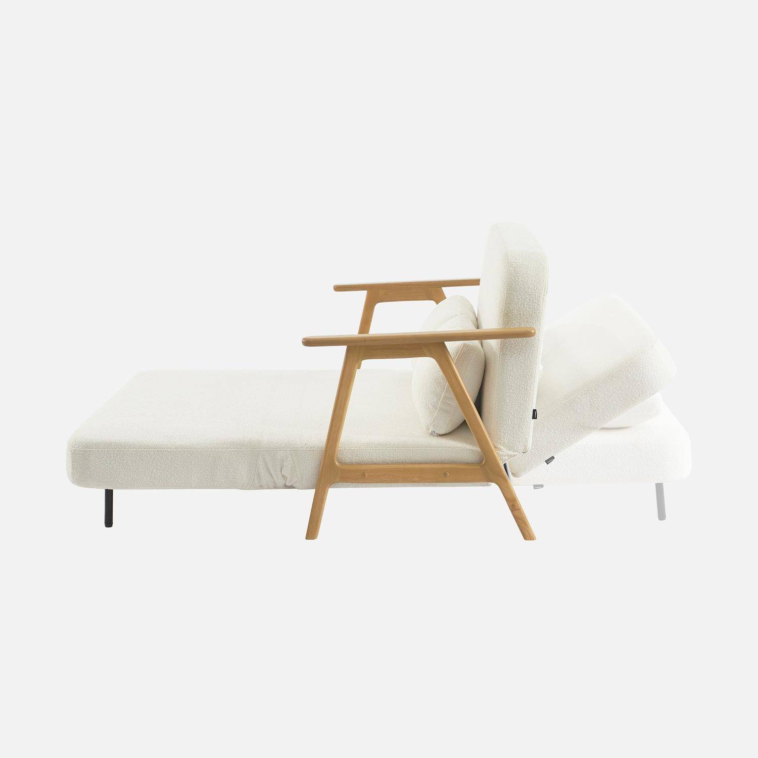 Banquette canapé convertible 2 places bois d'hévéa et bouclette texturée crème L 133 x P 81 x 84cm - Sven Photo3