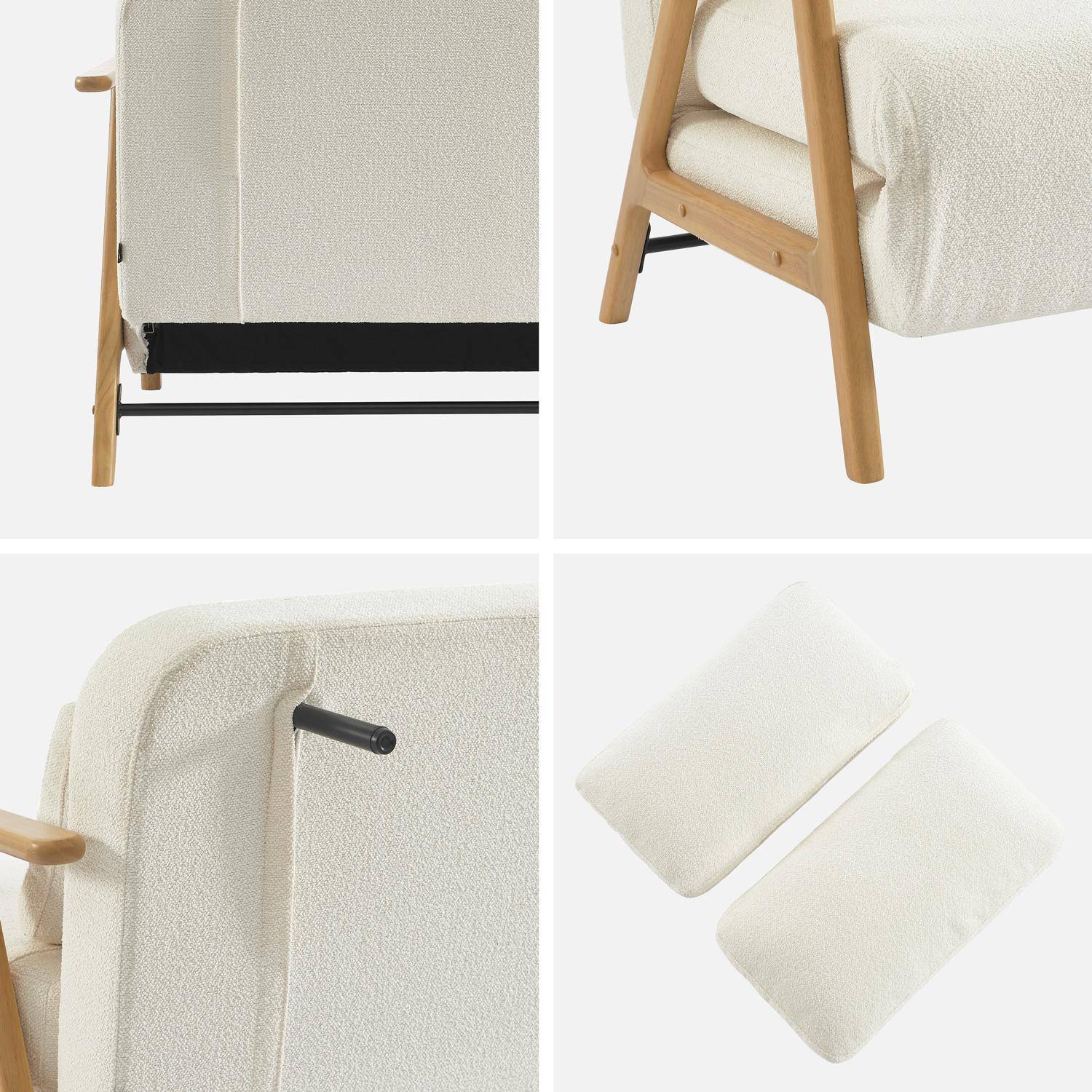 Banquette canapé convertible 2 places bois d'hévéa et bouclette texturée crème L 133 x P 81 x 84cm - Sven Photo5