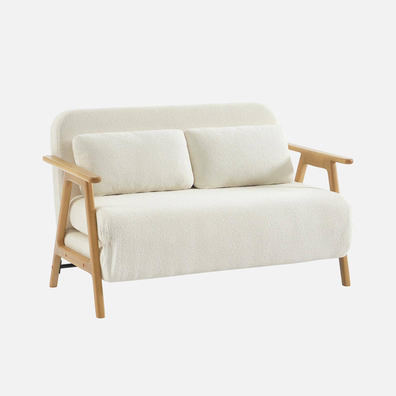 Banquette canapé convertible 2 places bois d'hévéa et bouclette texturée crème L 133 x P 81 x 84cm - Sven Photo1