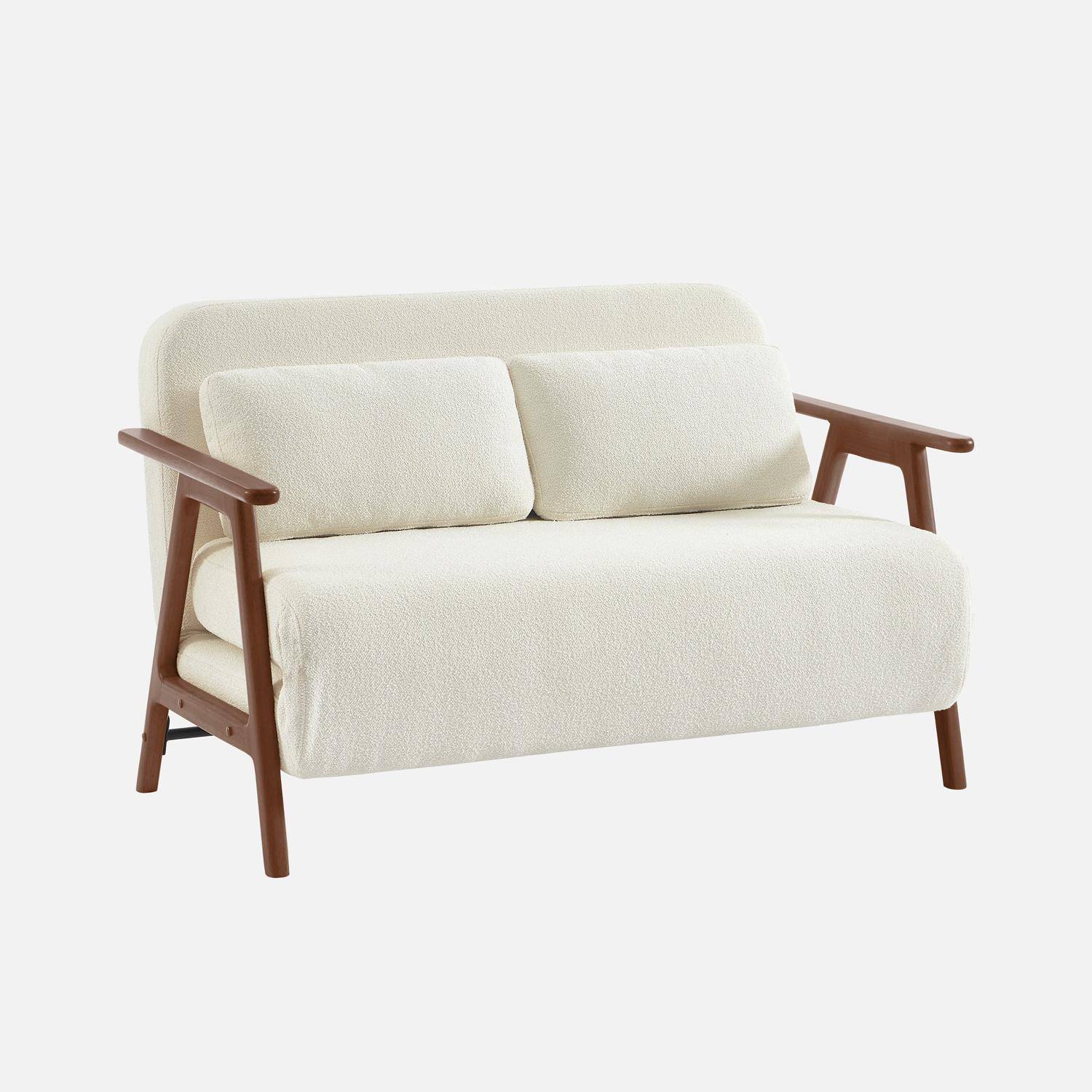 2-Sitzer Schlafsofa aus nussbaumfarbenem Heveaholz mit strukturiertem Bouclé-Bezug in weiß B 133 x T 81 x H 84 cm - Sven,sweeek,Photo5