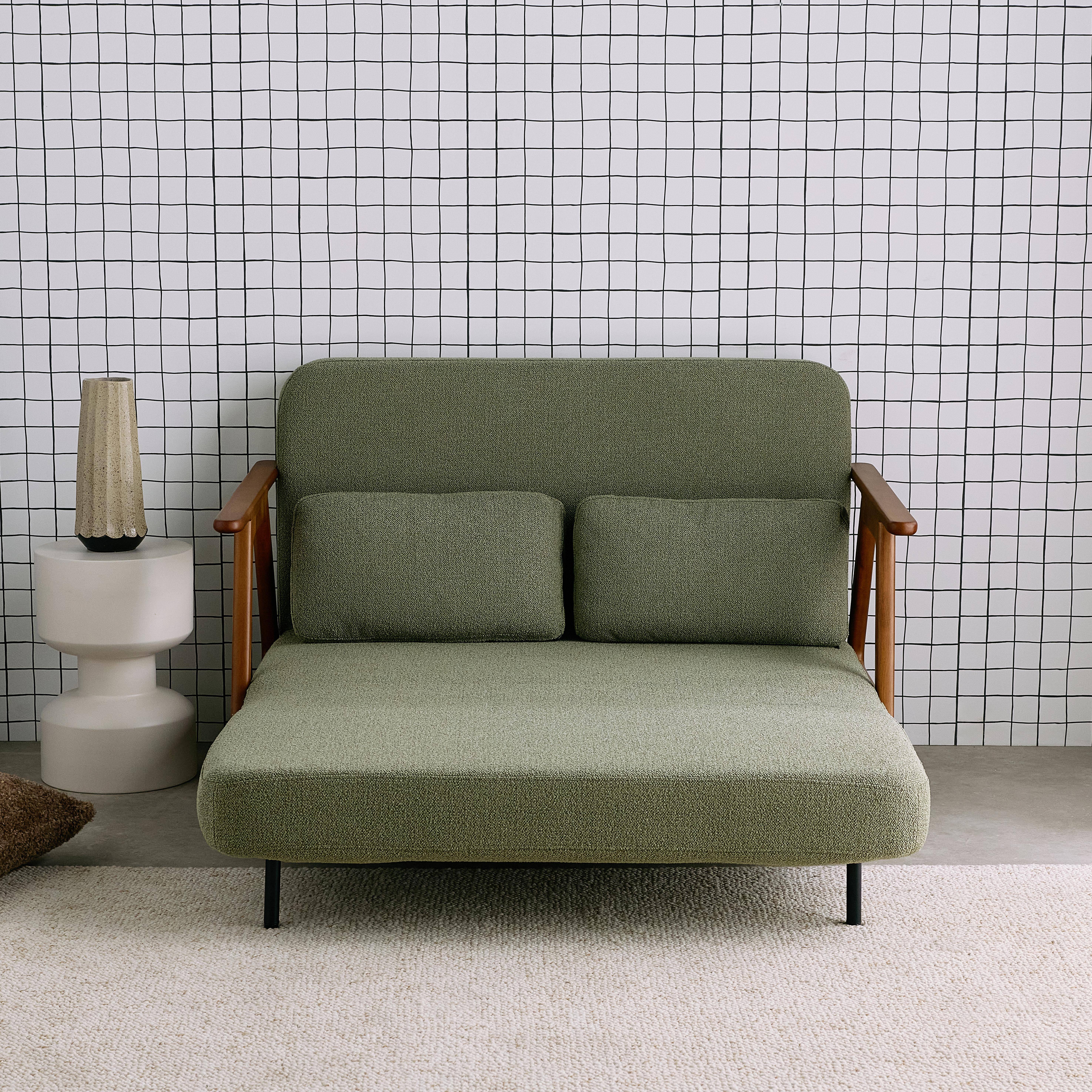 2-Sitzer Schlafsofa aus nussbaumfarbenem Heveaholz mit strukturiertem Bouclé-Bezug in khaki B 133 x T 81 x H 84 cm - Sven Photo3