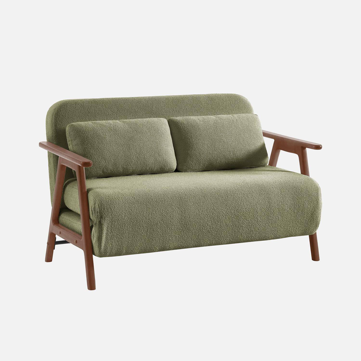 Sofá cama convertible de 2 plazas madera de hevea teñida nogal claro en borreguito , Sven, Verde kaki, 133x81x84 cm,sweeek,Photo1