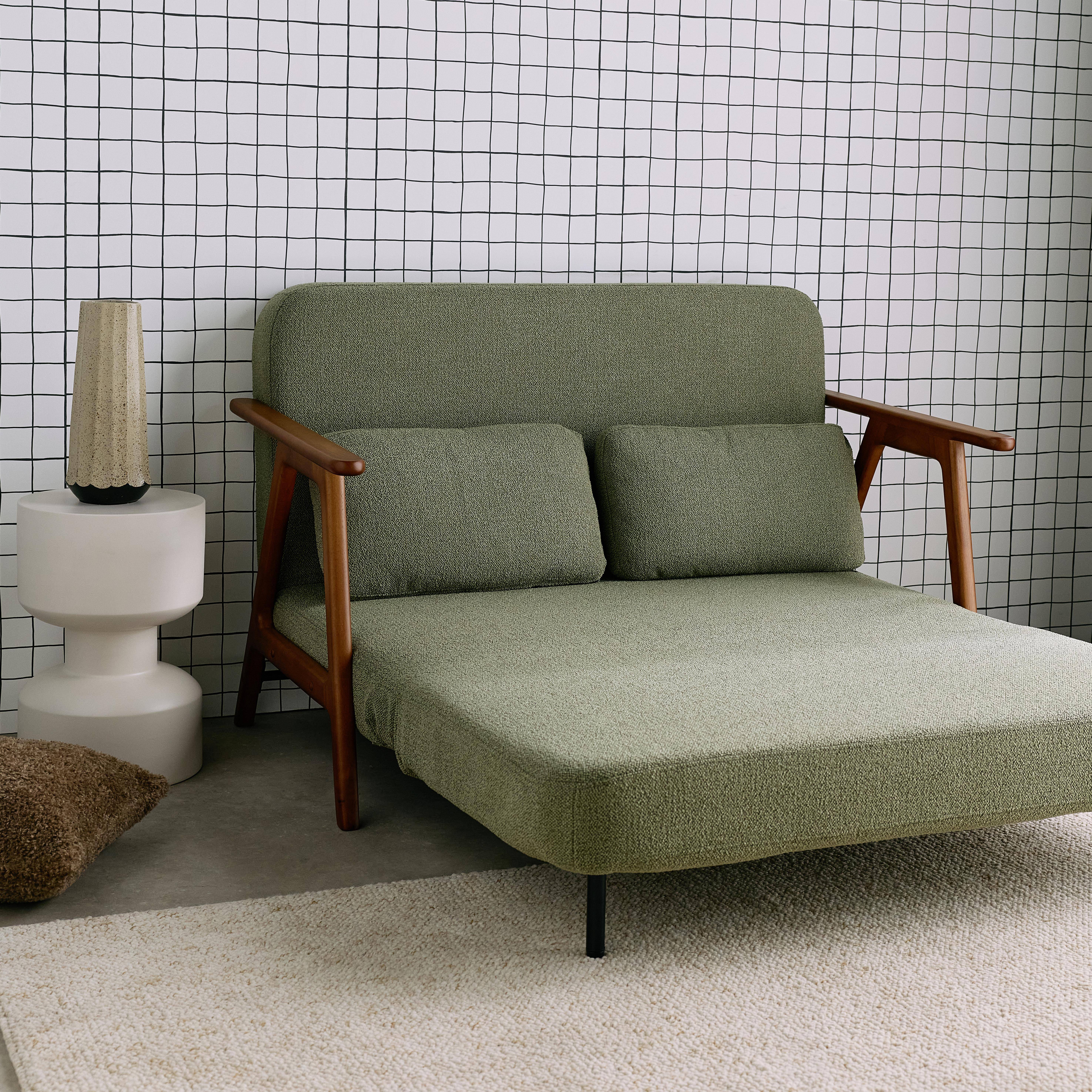 2-Sitzer Schlafsofa aus nussbaumfarbenem Heveaholz mit strukturiertem Bouclé-Bezug in khaki B 133 x T 81 x H 84 cm - Sven Photo5