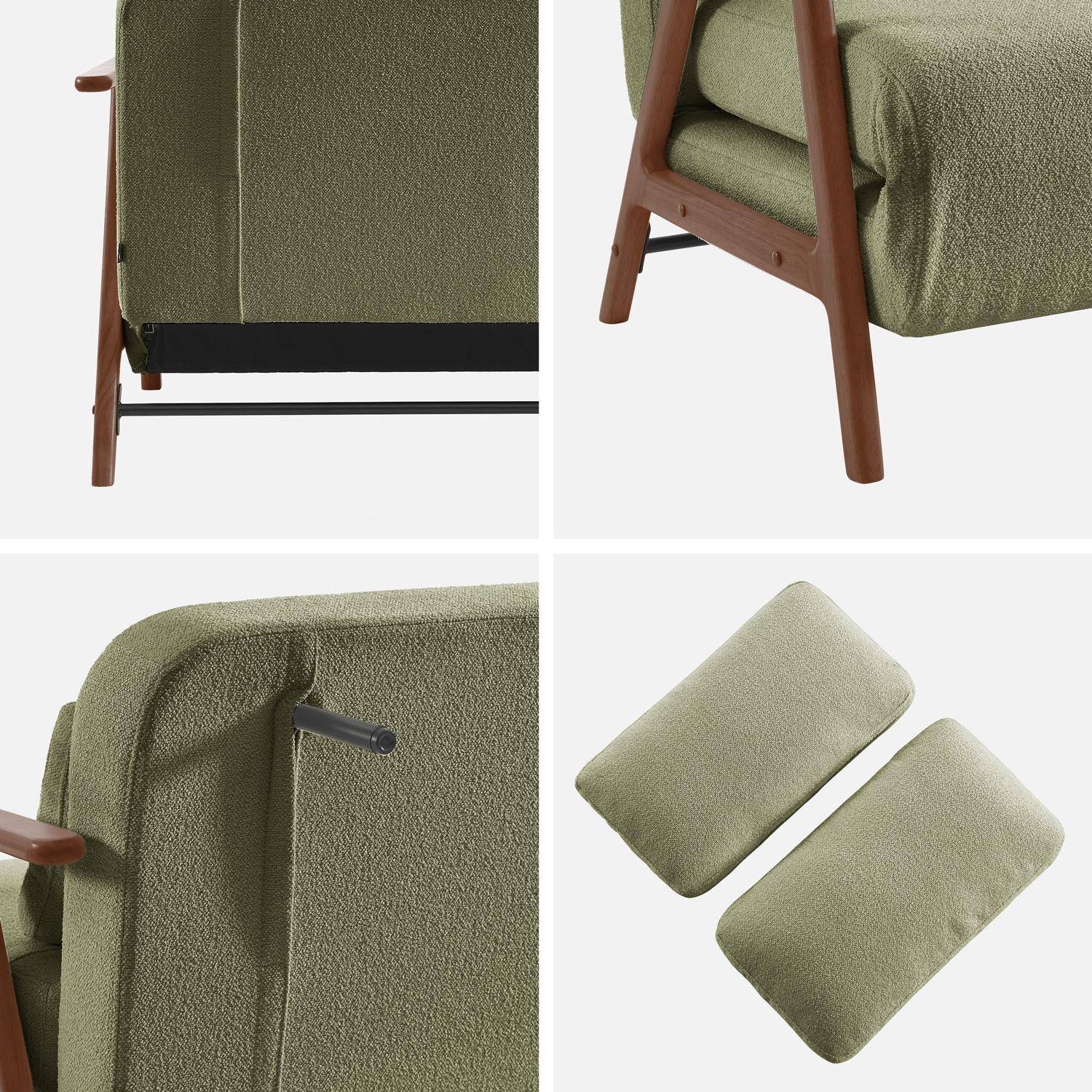 Sofá cama convertible de 2 plazas madera de hevea teñida nogal claro en borreguito , Sven, Verde kaki, 133x81x84 cm Photo5