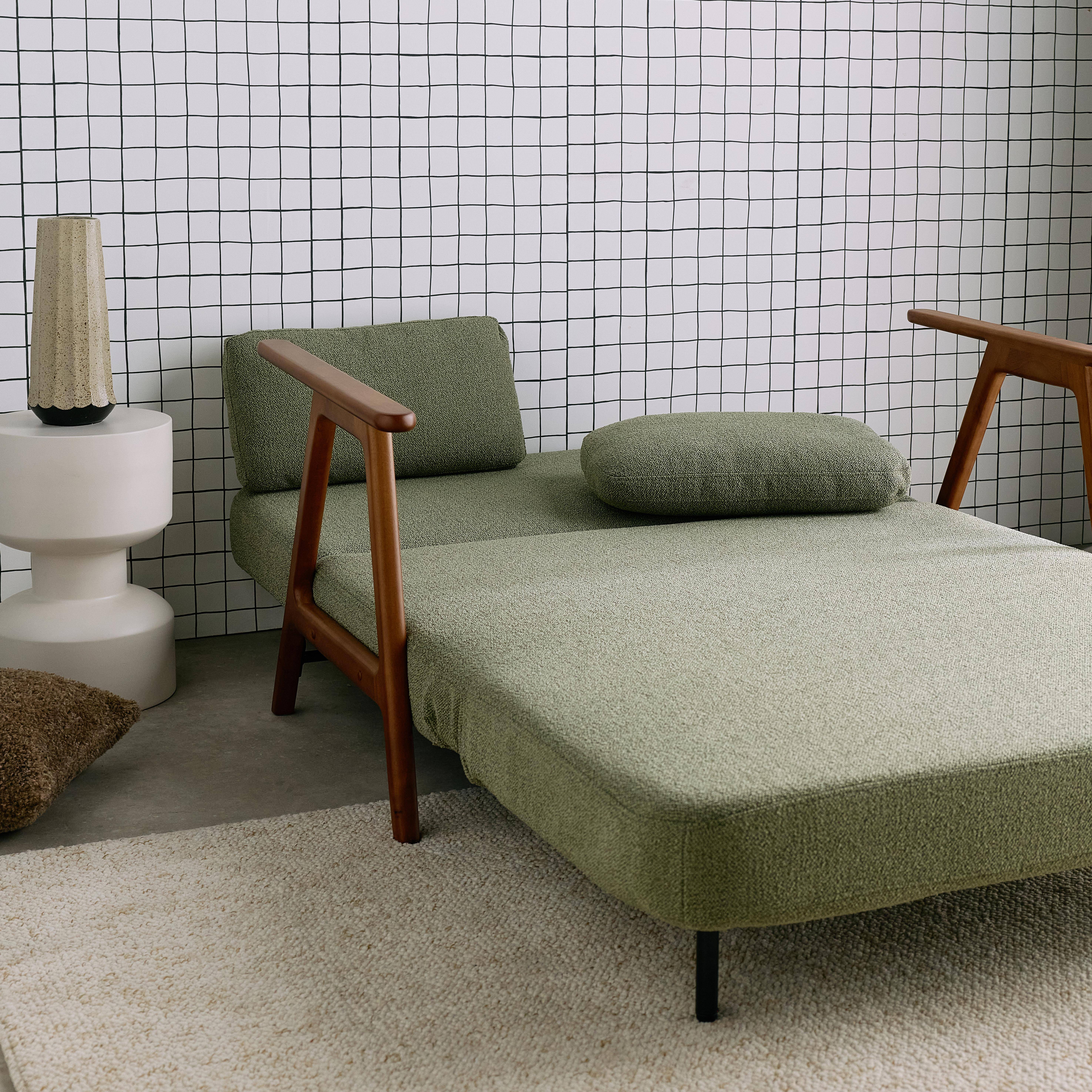2-Sitzer Schlafsofa aus nussbaumfarbenem Heveaholz mit strukturiertem Bouclé-Bezug in khaki B 133 x T 81 x H 84 cm - Sven Photo4