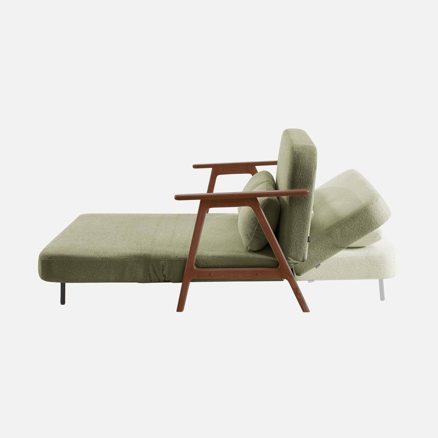 Sofá cama convertible de 2 plazas madera de hevea teñida nogal claro en borreguito , Sven, Verde kaki, 133x81x84 cm Photo3