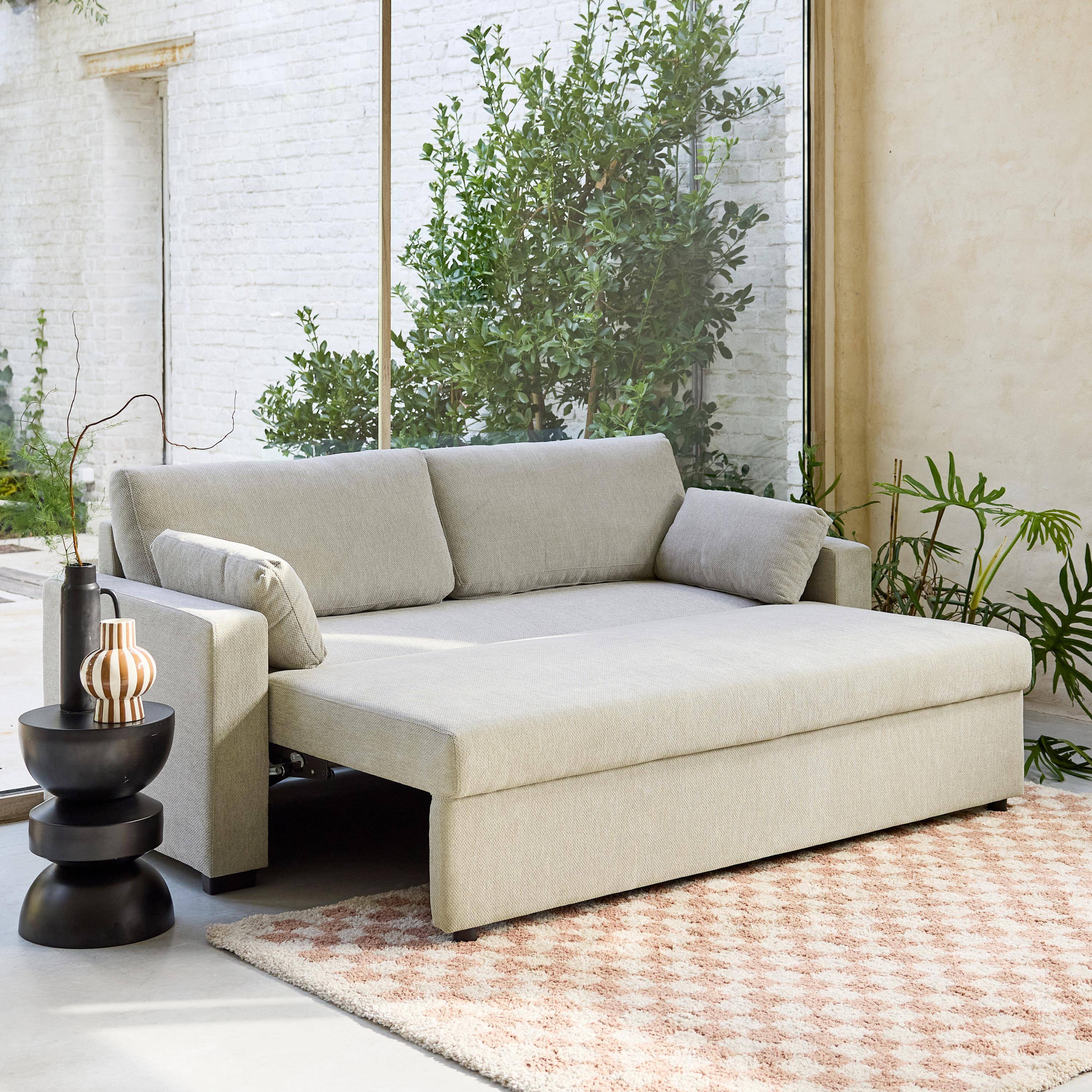Sofá cama de tela liso de 3 plazas, Easy, Beige, 211x90x86 cm Photo2