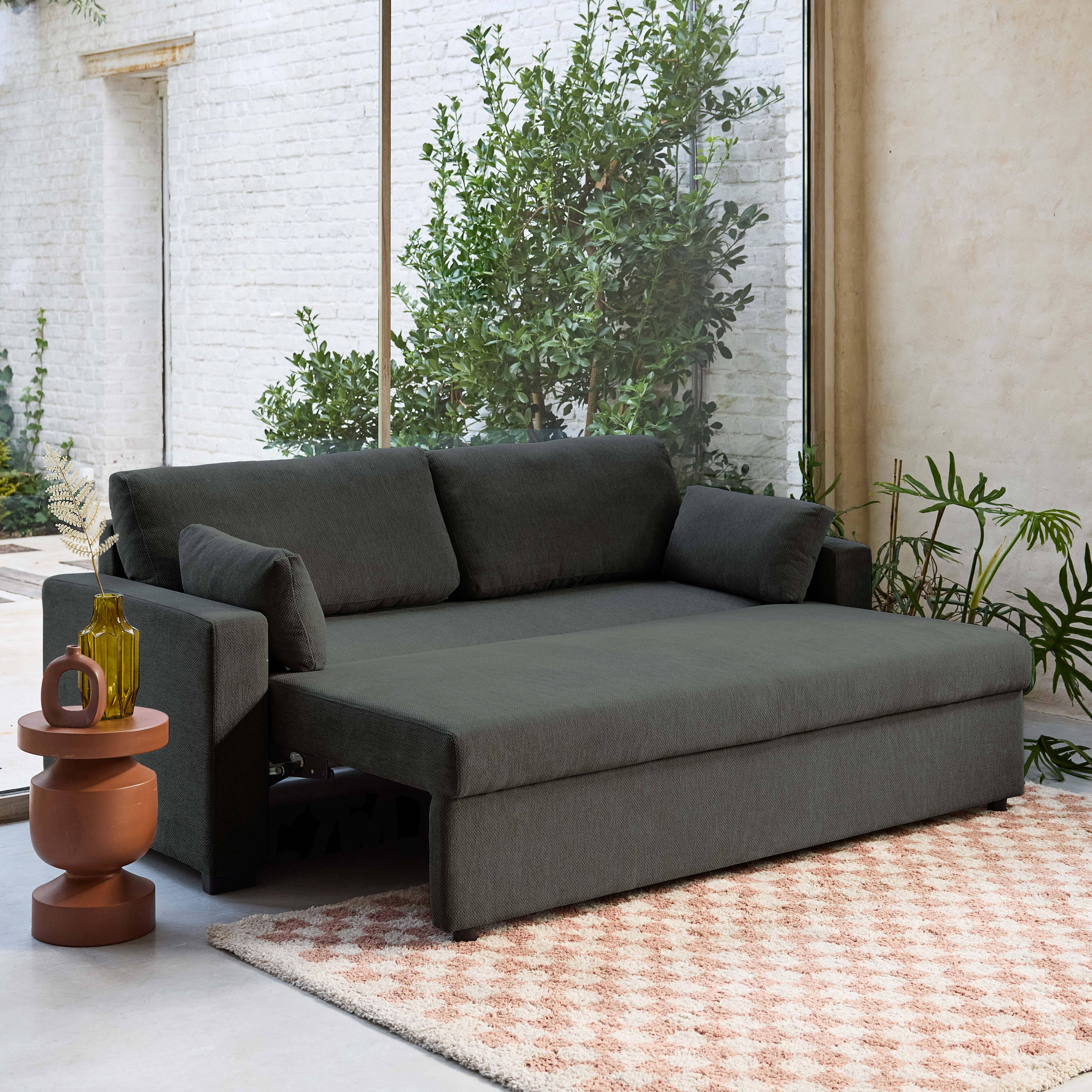 Sofá cama de tela liso de 3 plazas, Easy, Gris oscuro, 211x90x86 cm Photo3