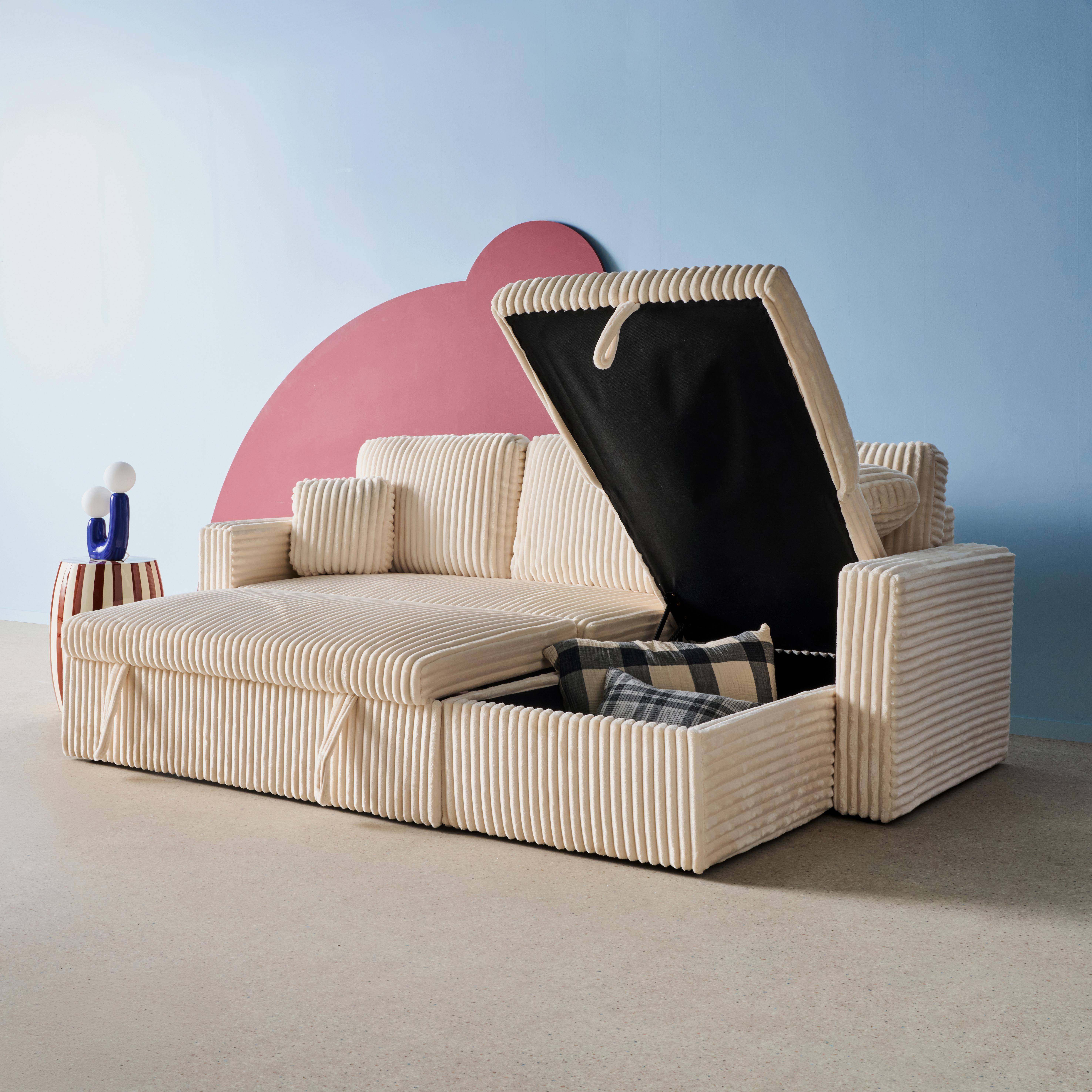 Canapé d'angle réversible convertible en tissu effet fourrure blanc crème avec coffre de rangement - Ida Photo5