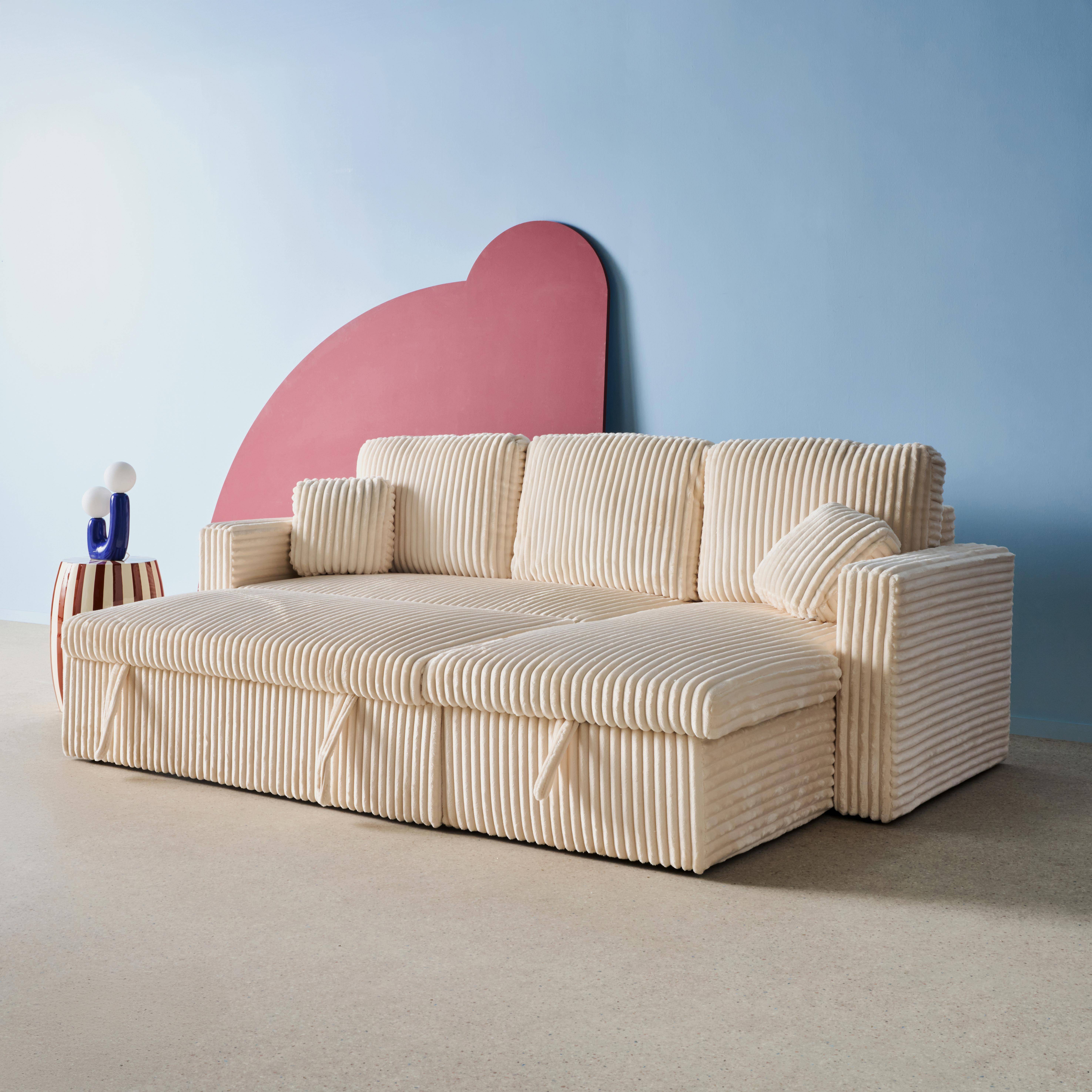 Canapé d'angle réversible convertible en tissu effet fourrure blanc crème avec coffre de rangement - Ida Photo4