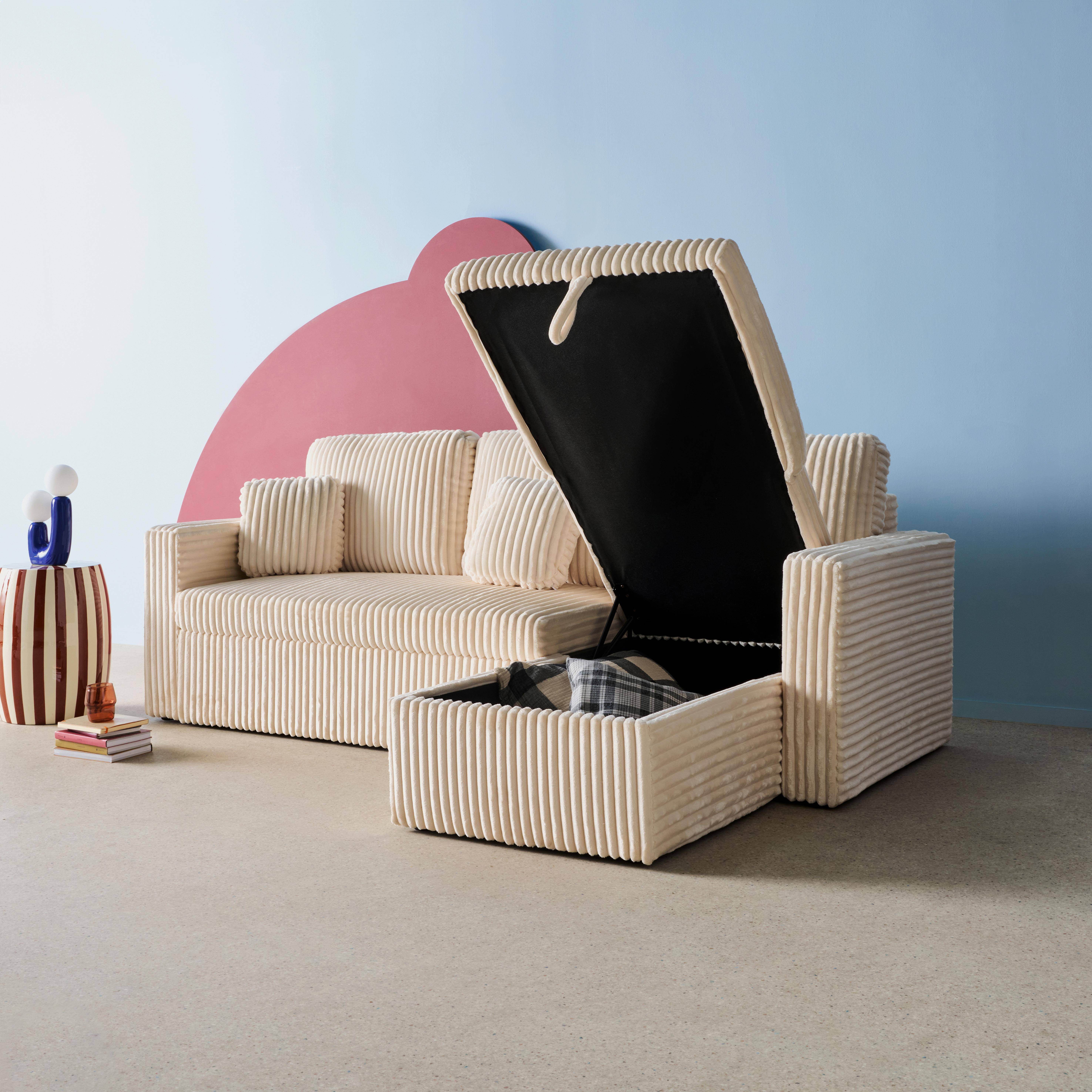 Canapé d'angle réversible convertible en tissu effet fourrure blanc crème avec coffre de rangement - Ida,sweeek,Photo3