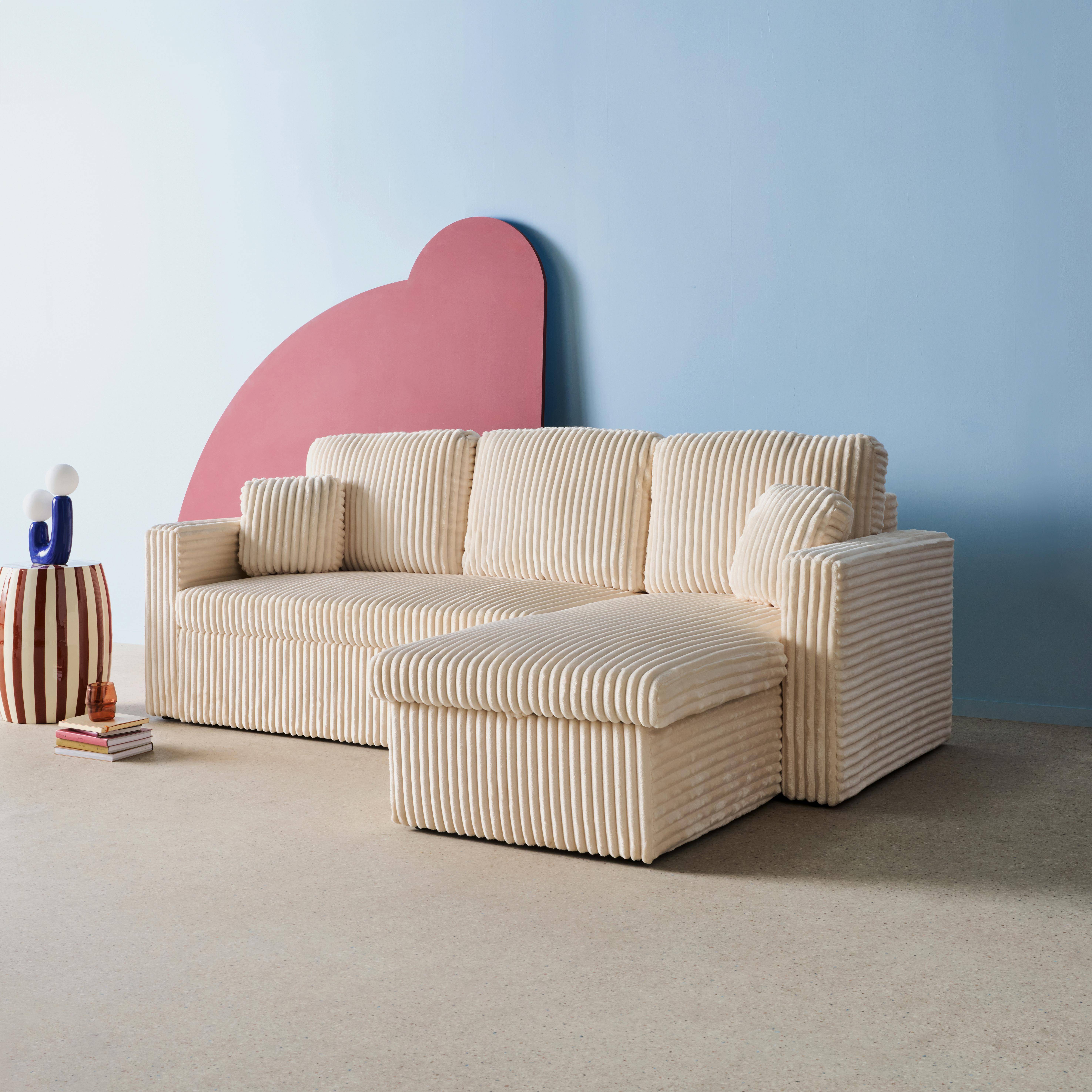 Canapé d'angle réversible convertible en tissu effet fourrure blanc crème avec coffre de rangement - Ida Photo2