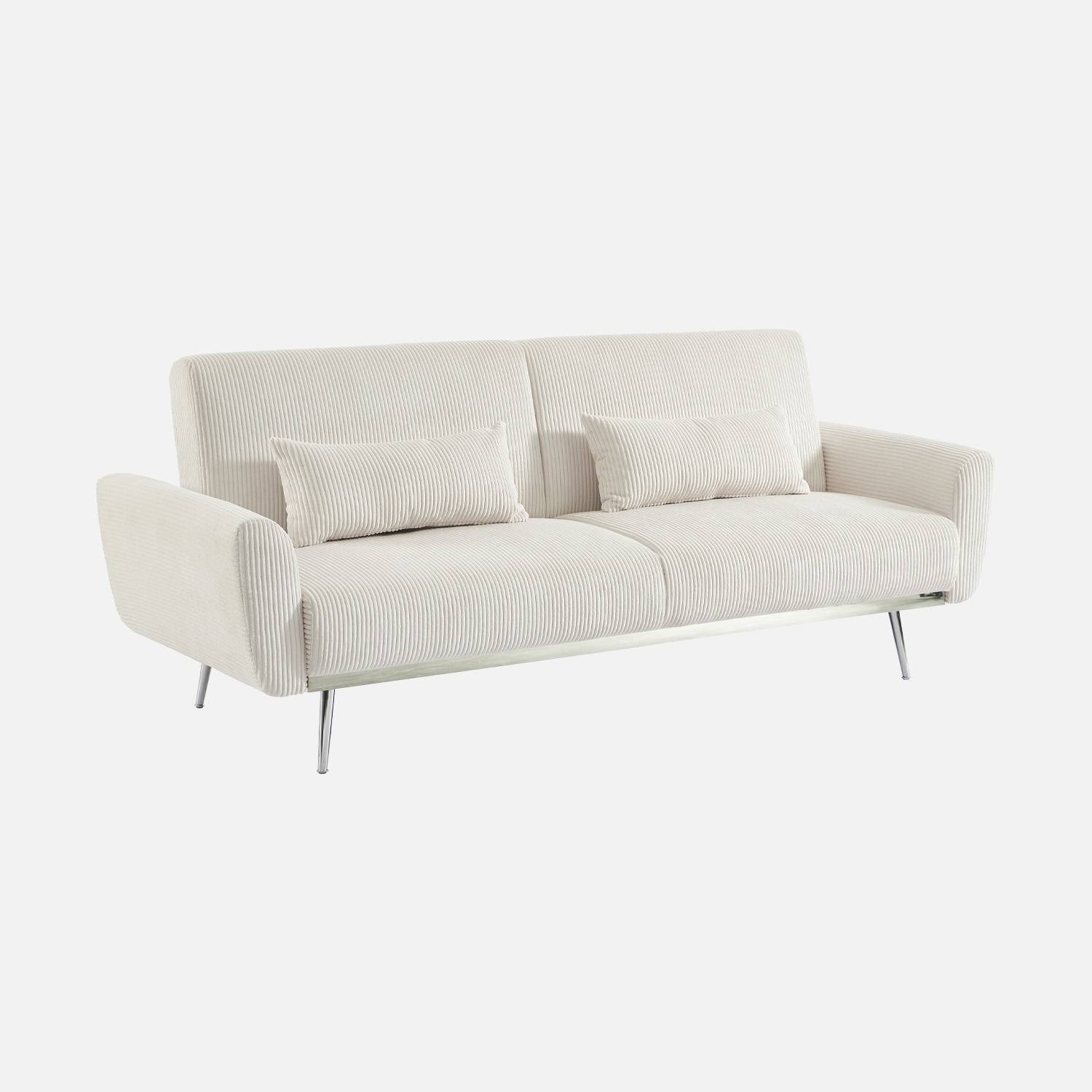 Sofá cama convertible 2-3 plazas madera de eucalipto metal y terciopelo de pana fina, Blanco