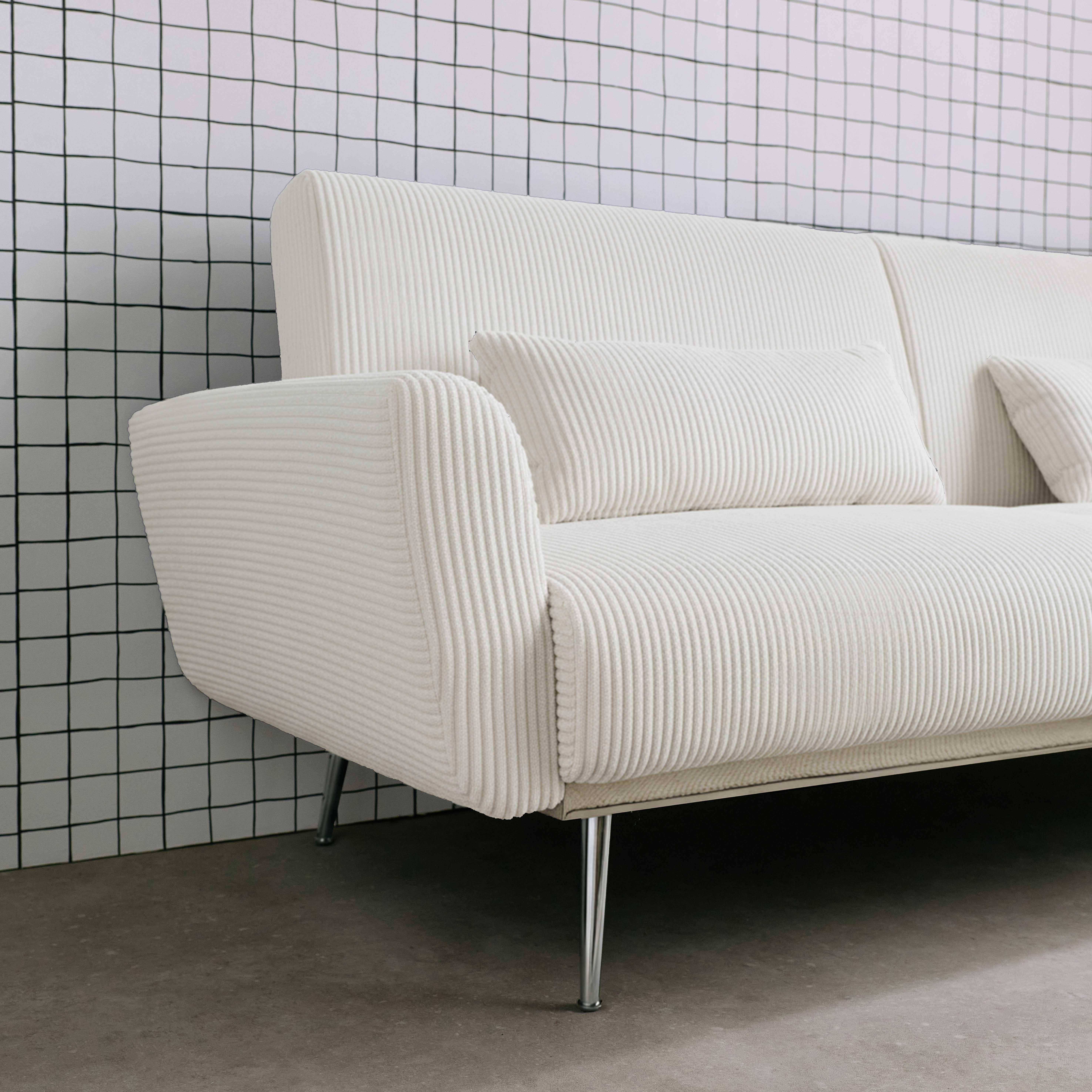 Sofá cama convertible de pana fina de 2-3 plazas, Oskar pana, Blanco, 206.5x84x85 cm Photo3