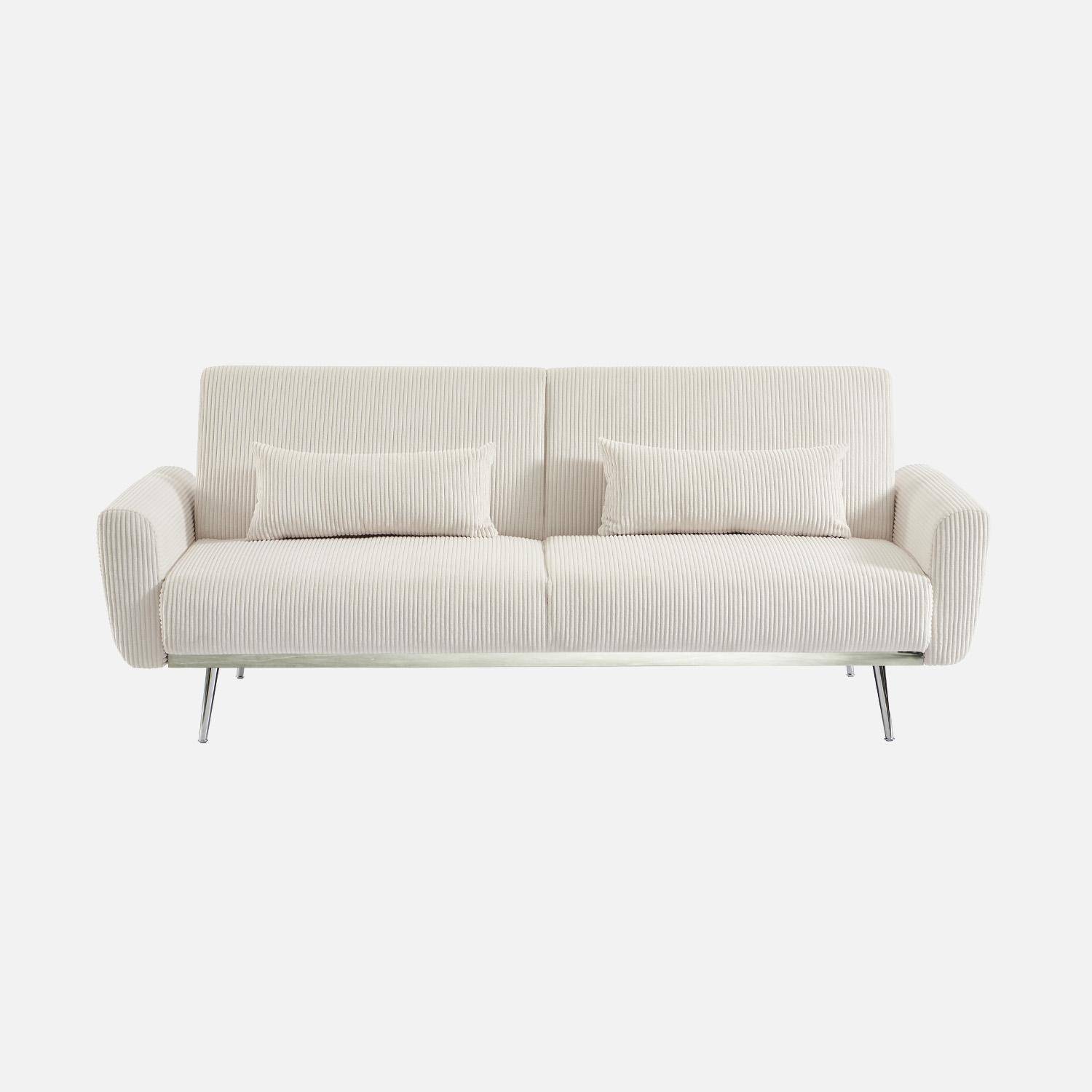 Sofá cama convertible 2-3 plazas madera de eucalipto metal y terciopelo de pana fina, Oskar, Blanco, 206.5x84x85 cm Photo2