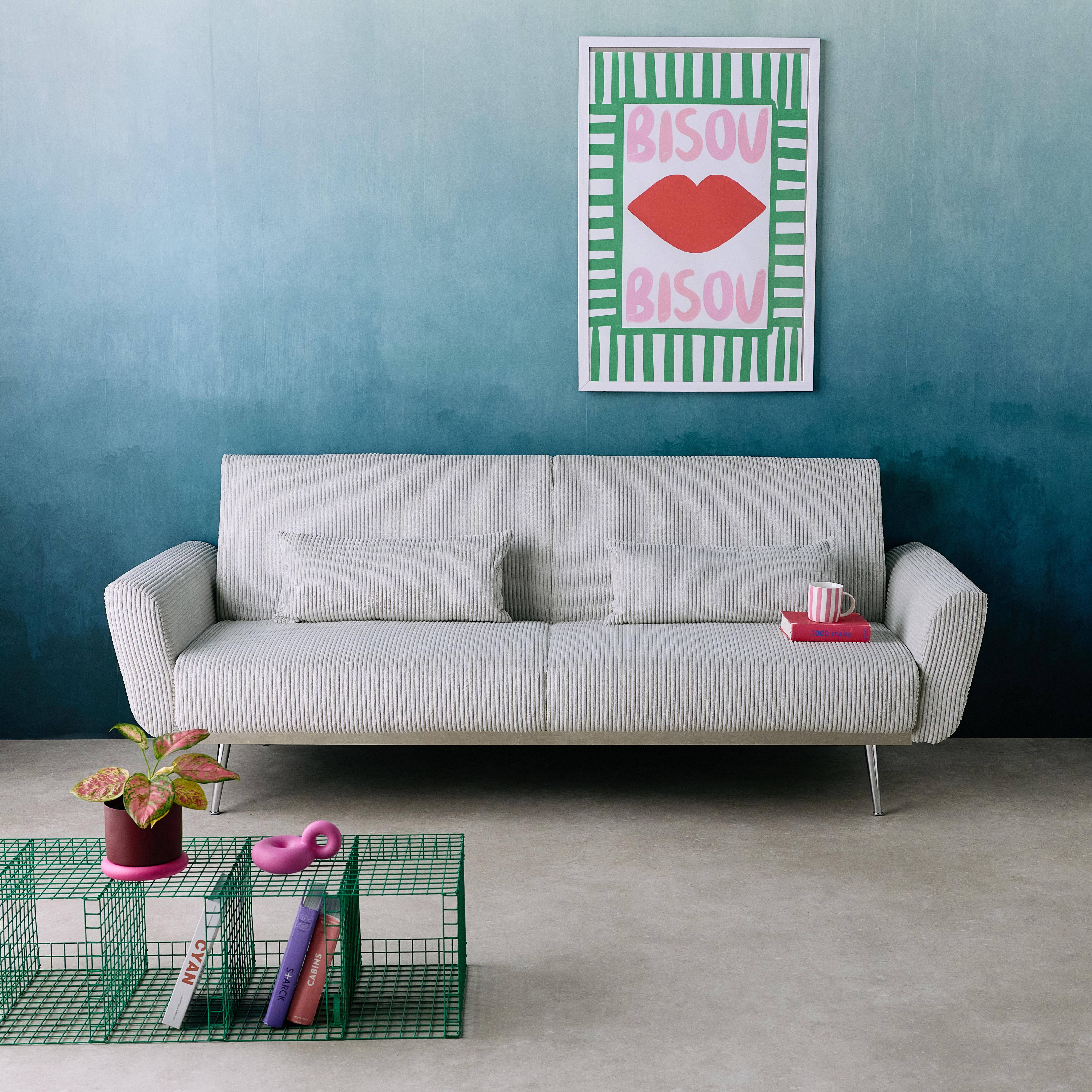 Canapé convertible design en velours côtelé gris clair - Oskar - 3 places scandinave droit avec pieds métal chromé Photo1