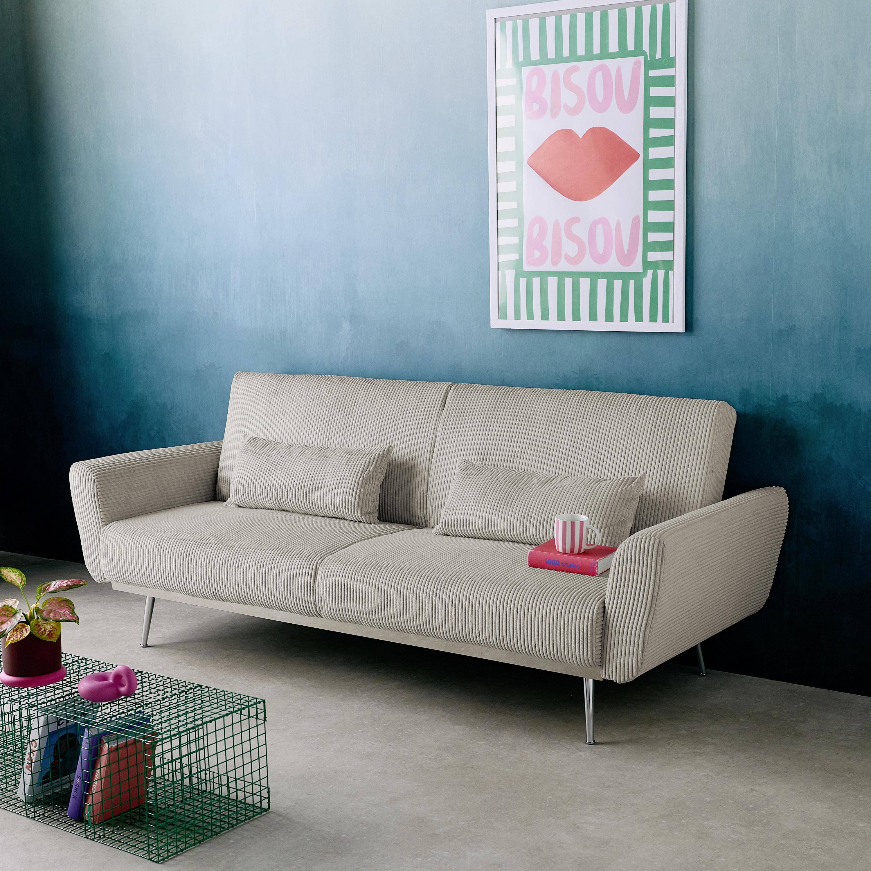 Canapé convertible design en velours côtelé gris clair - Oskar - 3 places scandinave droit avec pieds métal chromé,sweeek,Photo2