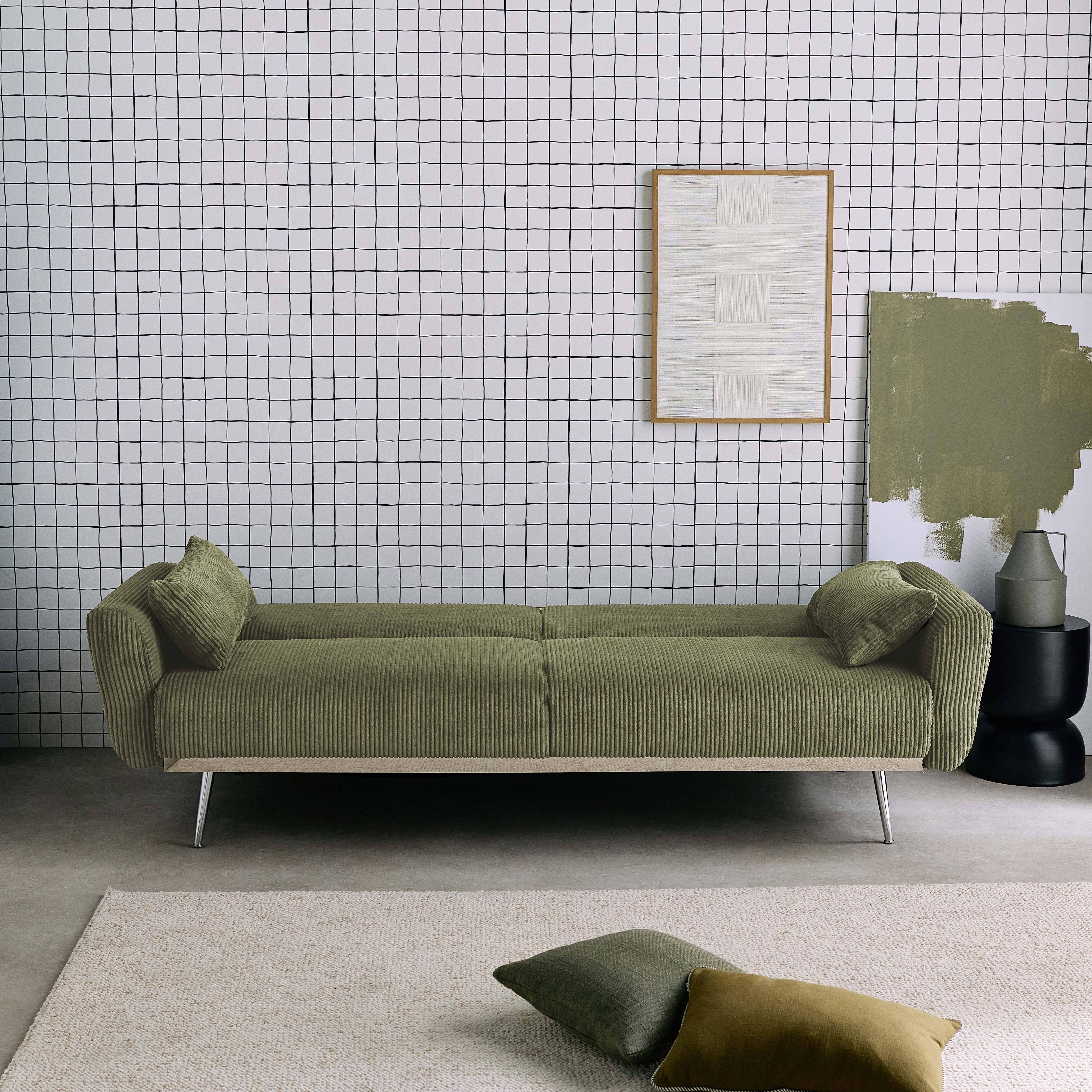 Sofá cama convertible de pana fina de 2-3 plazas, Oskar pana, Verde kaki, 206.5x84x85 cm,sweeek,Photo2