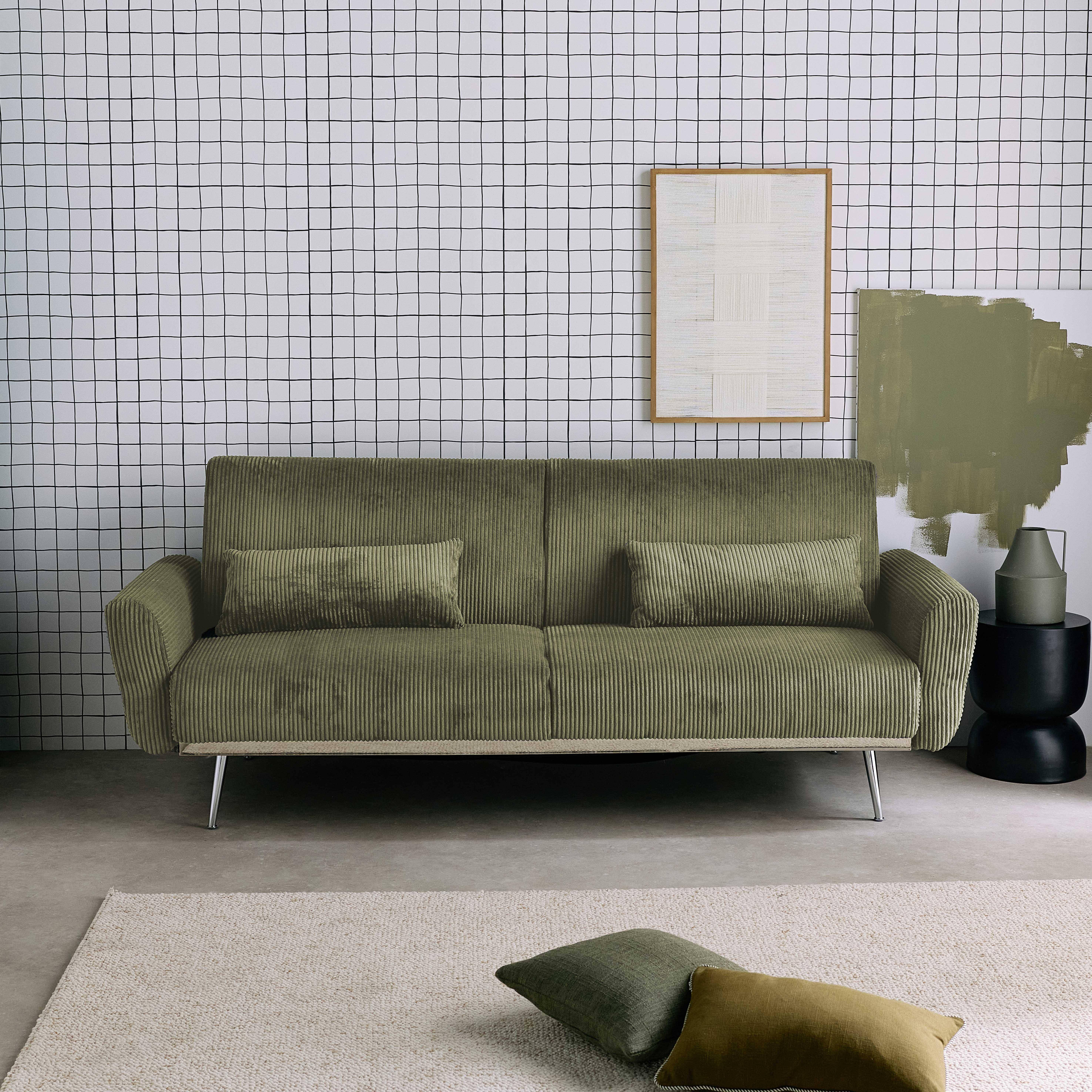 Sofá cama convertible de pana fina de 2-3 plazas, Oskar pana, Verde kaki, 206.5x84x85 cm,sweeek,Photo1