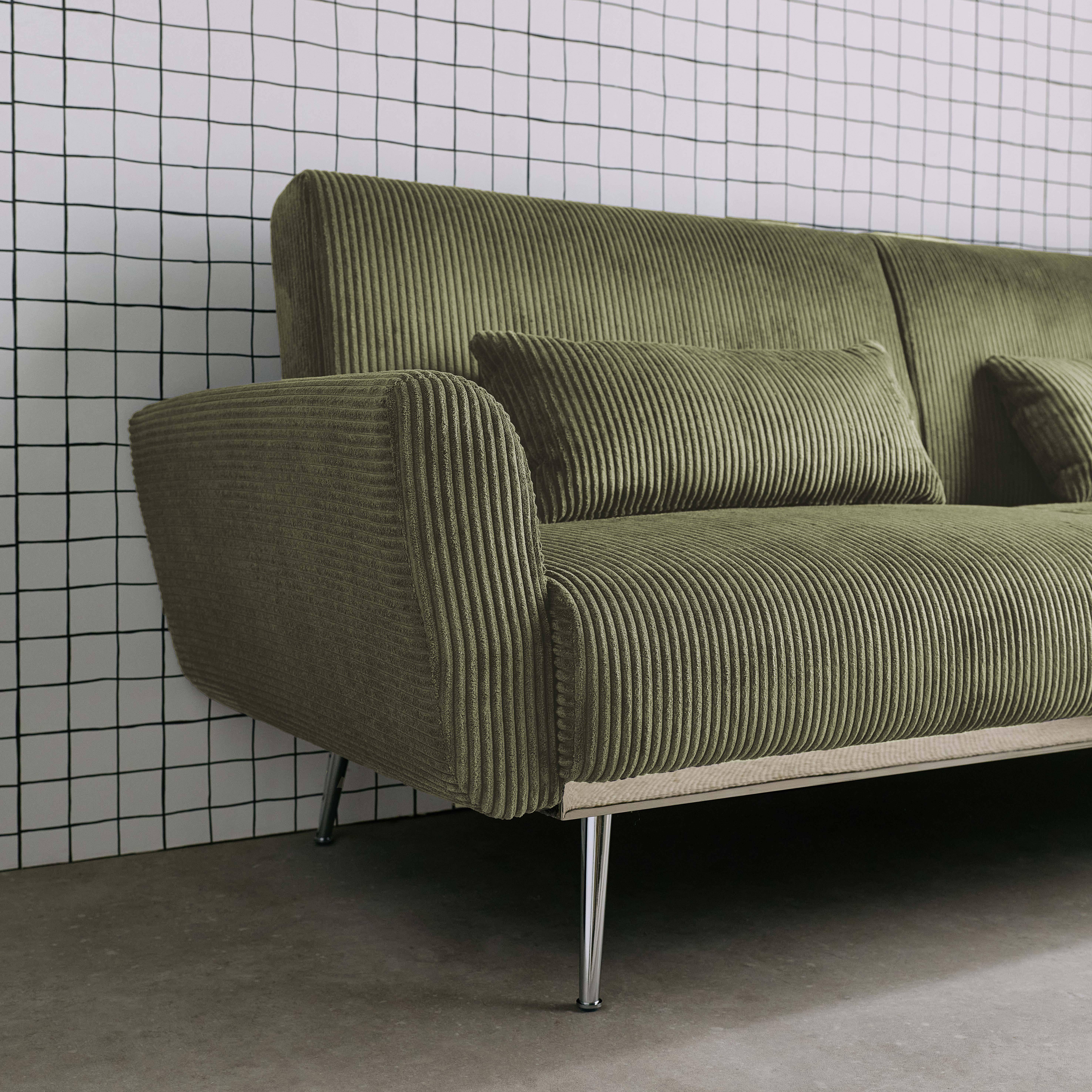 Sofá cama convertible de pana fina de 2-3 plazas, Oskar pana, Verde kaki, 206.5x84x85 cm Photo3