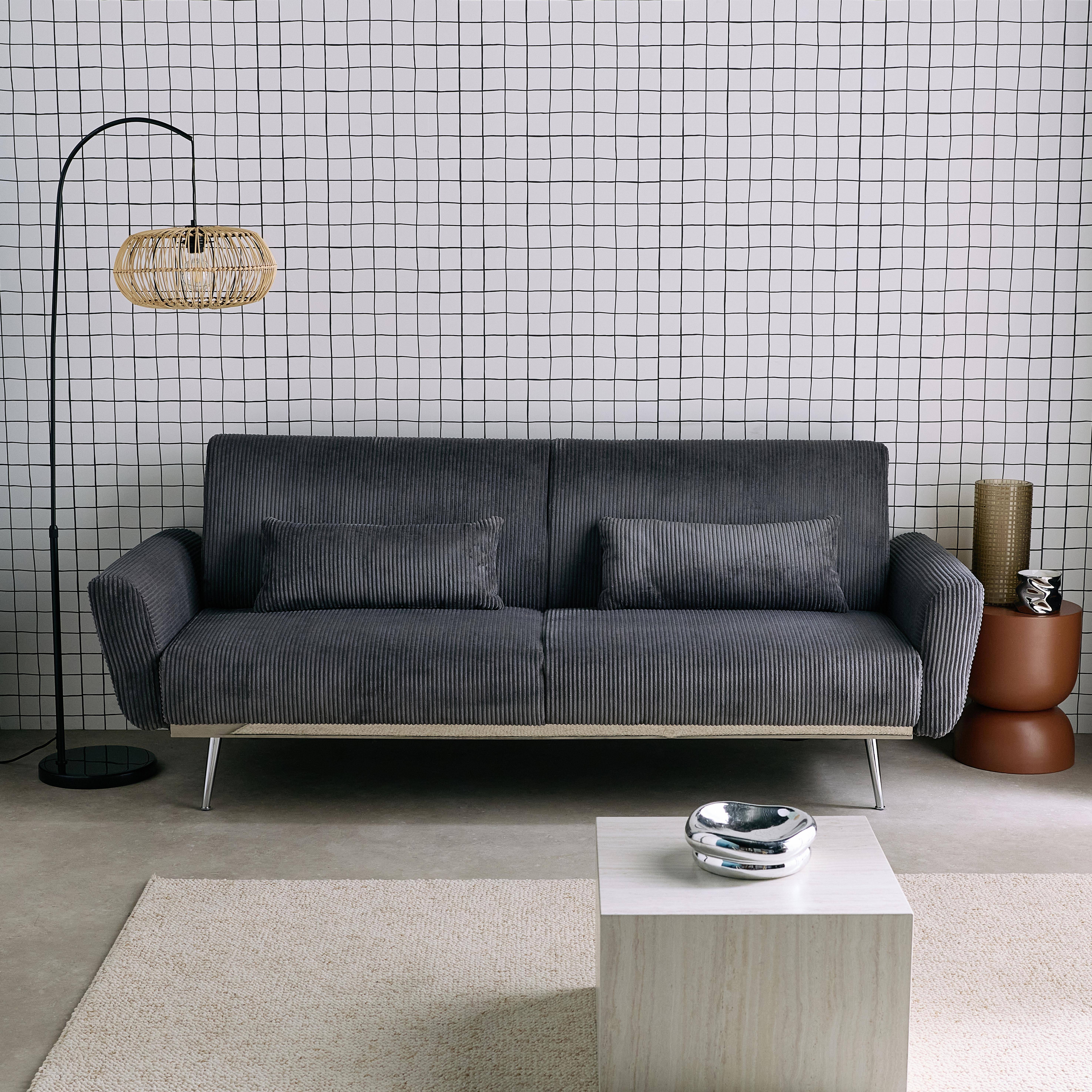 Sofá cama convertible de pana fina de 2-3 plazas, Oskar pana, Gris oscuro, 206.5x84x85 cm Photo1