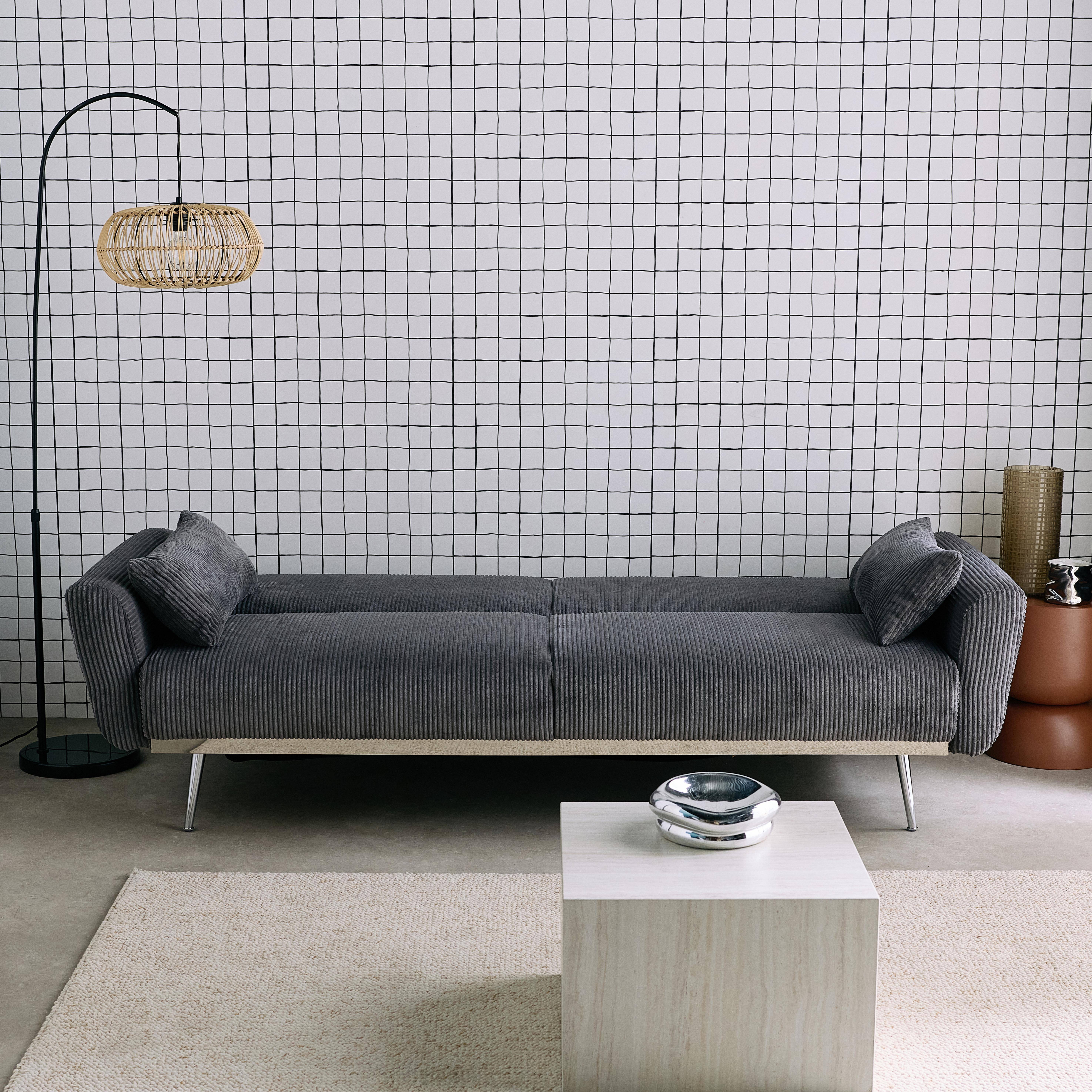 Sofá cama convertible de pana fina de 2-3 plazas, Oskar pana, Gris oscuro, 206.5x84x85 cm Photo2