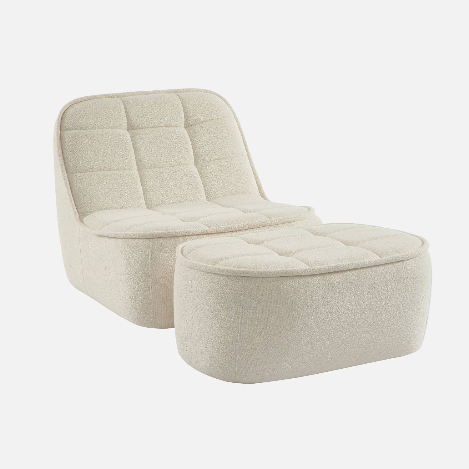 Chauffeuse bouclette texturée 1 place + repose pieds blanc cassé